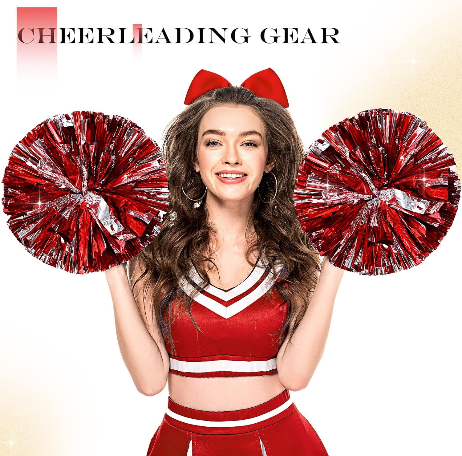 12 Pack 14 Inch Cheerleading Pom Poms and 6 Large Cheerleader Bow Cheer Pom Poms with Baton Handle and Cheerleader Hair Bows for Teen Girls Softball Dance Cheerleader Outfit Uniform (Red) image number 1