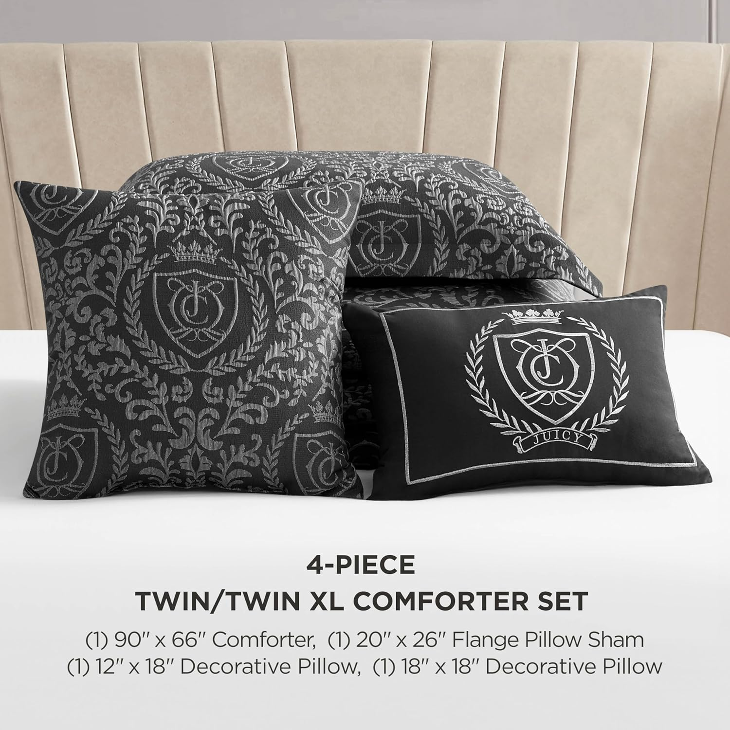 Juicy Couture Dovona Bedding Set 4-Piece Twin/Twin XL Comforter Set, Black