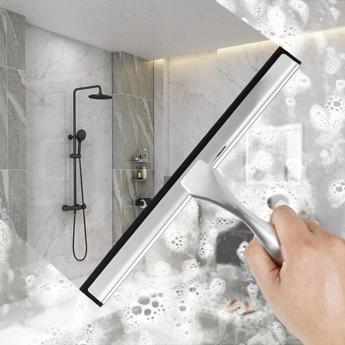 Shower Squeegee with Suction Cup Stainless Steel Window Squeegee Window Glass Wiper Scraper Cleaner with Silicone Blade for Bathroom/Kitchen/Car Glass, 10-Inch (Silver) image number 2