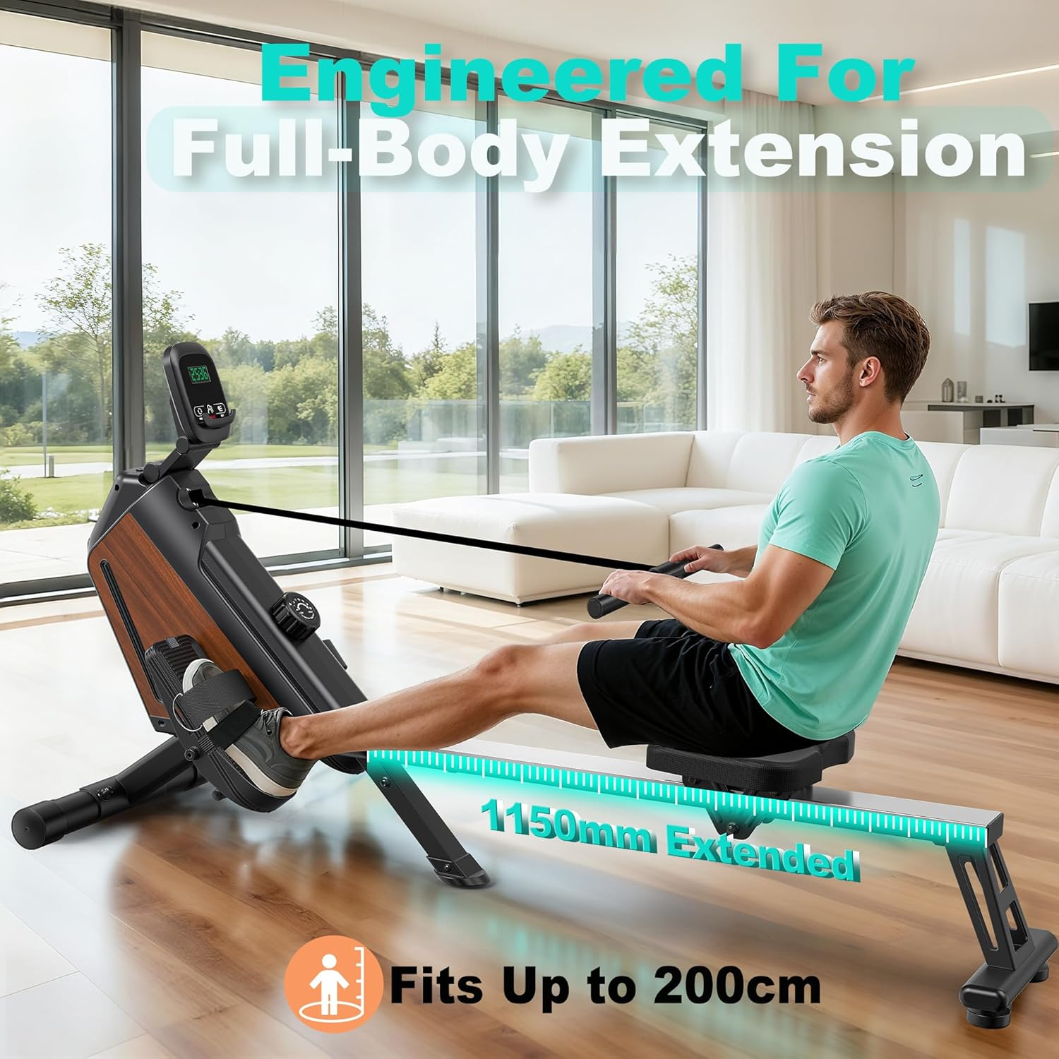 Magnetic Rowing Machine Folding Rower Machine with 16-Level Resistance, Bluetooth Connectivity,Supports Height 150-200Cm &160Kg Load Capacity,Vertical Storage,Quiet Rowing Machine for Cardio Training