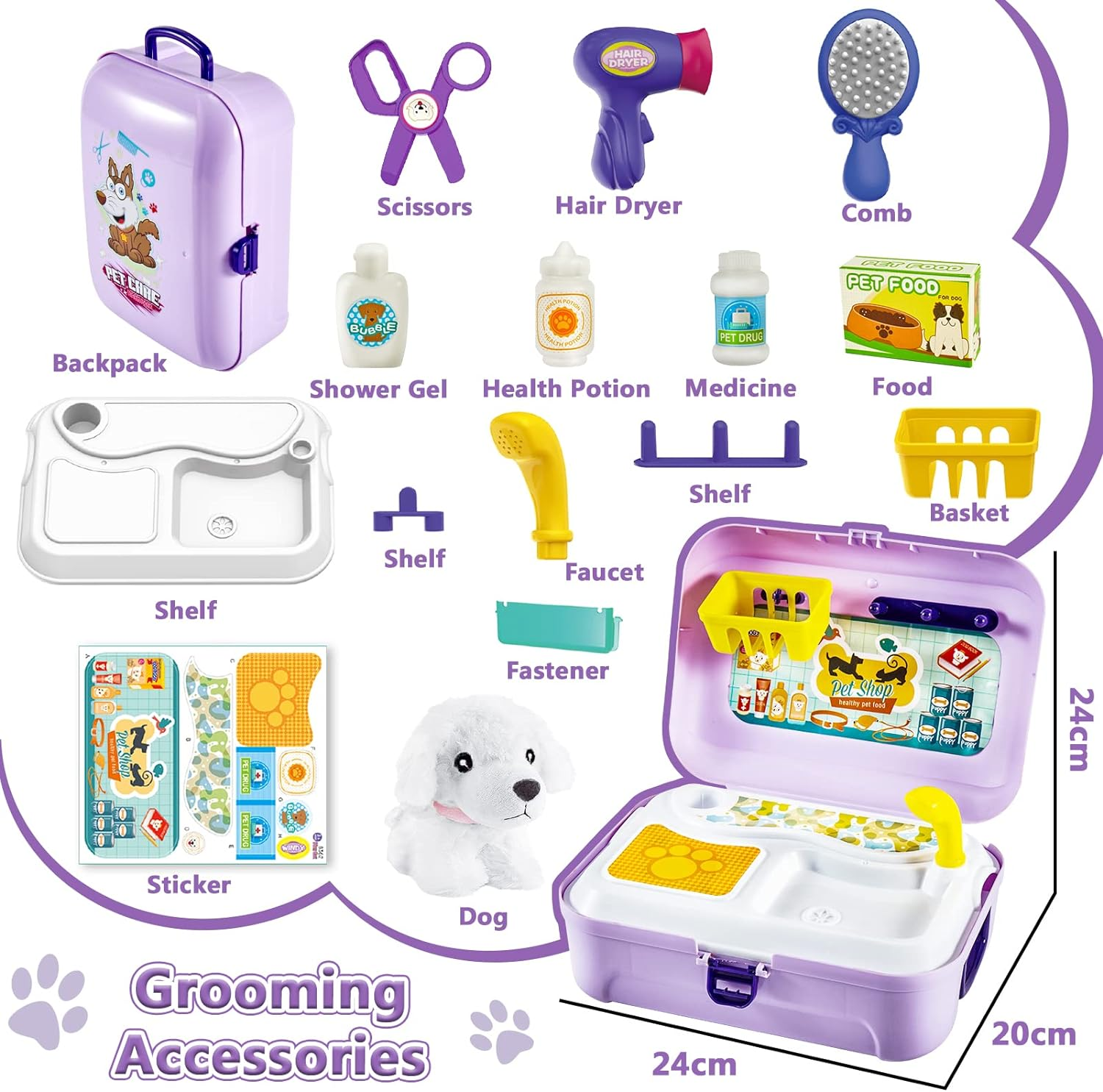 HERSITY Kids Vet Kit Dog Grooming Toy Pet Care Role Play Games Animal Dolls Pretend Play Pet Carrier Set Toys 3 4 5 Year Old Girls Boys Children Gifts image number 2