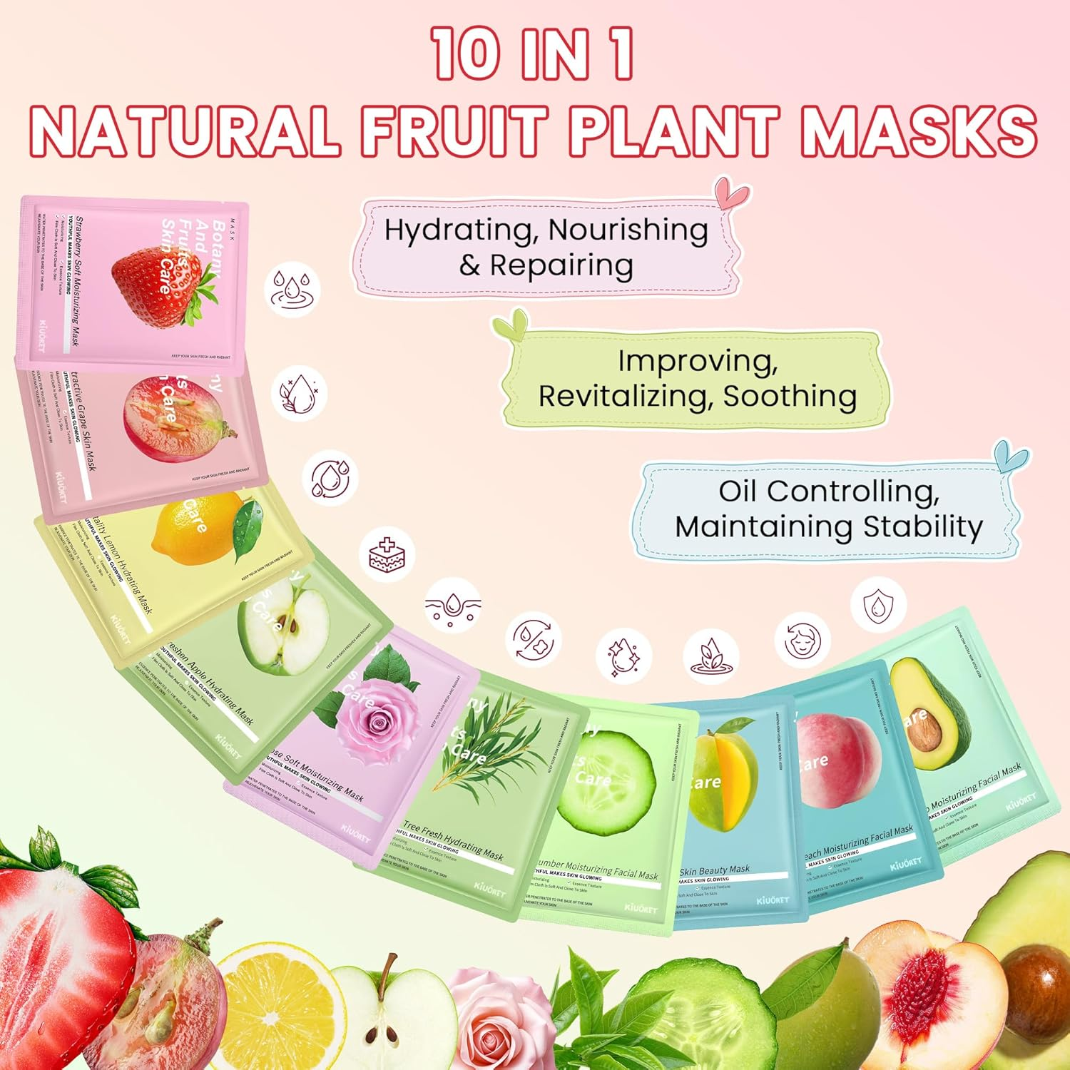 10 Pack Fruit Face Mask Set - Korean Face Mask Skincare for Women - Hydrating, Nourishing & Smoothing Skin, Improve Skin Tone - Natural Fruit & Plant Facial Masks Spa for All Skin Types image number 6