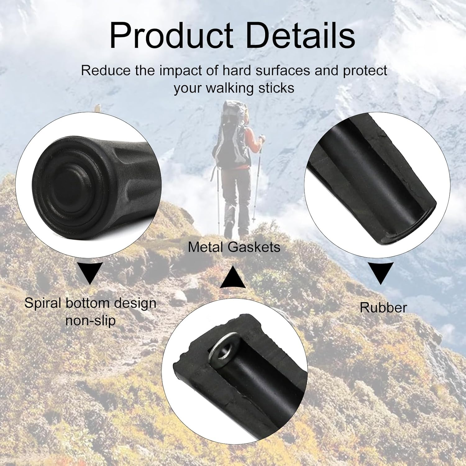 4Pcs Hiking Poles Rubber Buffer, 11Mm Non-Slip Replacement Rubber Buffer Walking Sticks, Hiking Accessories for Trekking Asphalt Gravel and Mountains image number 1