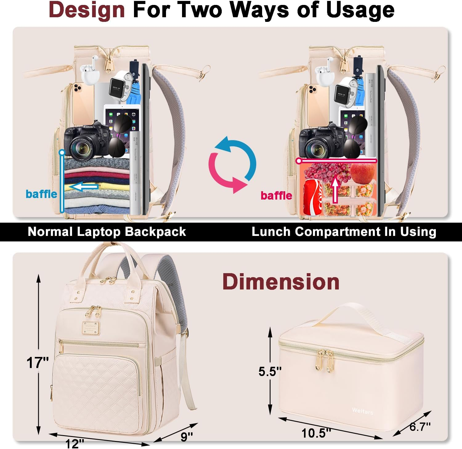 Weitars Lunch Backpack for Women,15.6 Inch Laptop Backpack for Women Backpack, Travel Backpack,Work Backpack for Women image number 5