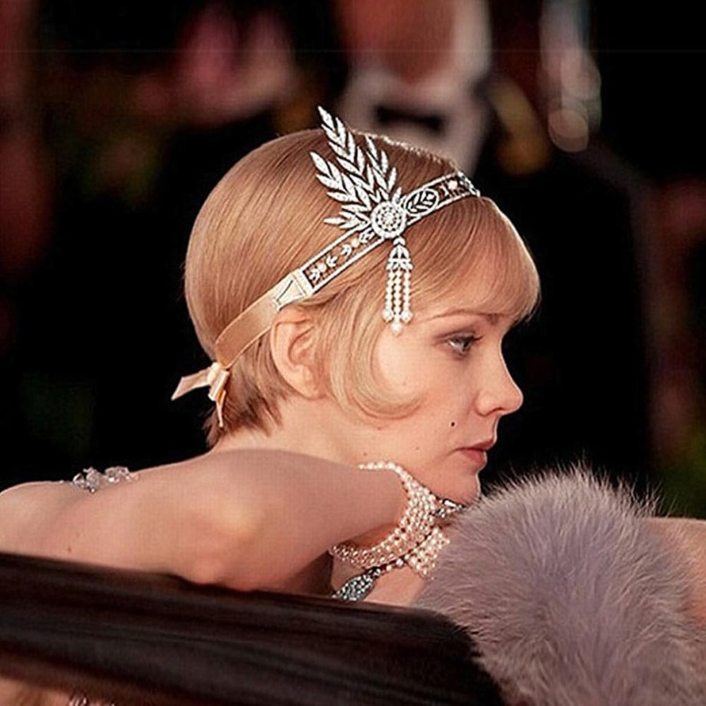 1920S Flapper Rhinestones Pearls Feather Headband Vintage Gatsby Headpiece Crystal Hair Headband for Party Festival Wedding Costume - Gold With Feather image number 1