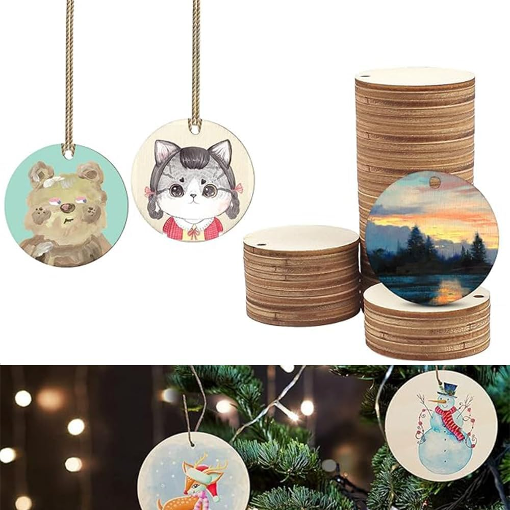 Wooden round Pendants, 200 Pieces, Unfinished Craft Discs with Holes for DIY Projects, Decorations image number 2