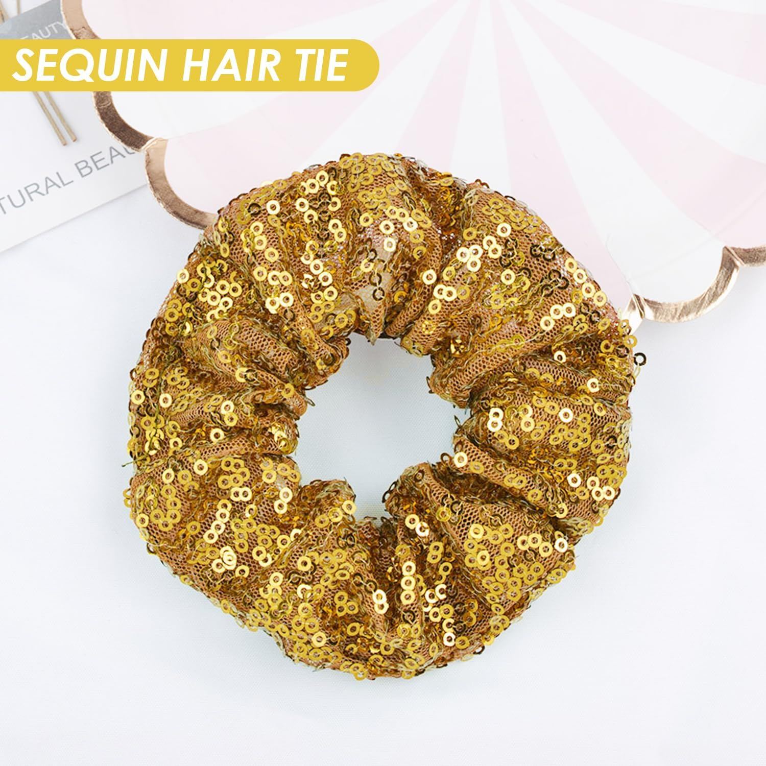 Pack of 2 Sequin Hair Bobbles, 2 Pieces Hair Bows with Sequins, Golden Hair Accessories for Girls, Shiny, Simple Headwear, Hair Accessories image number 5