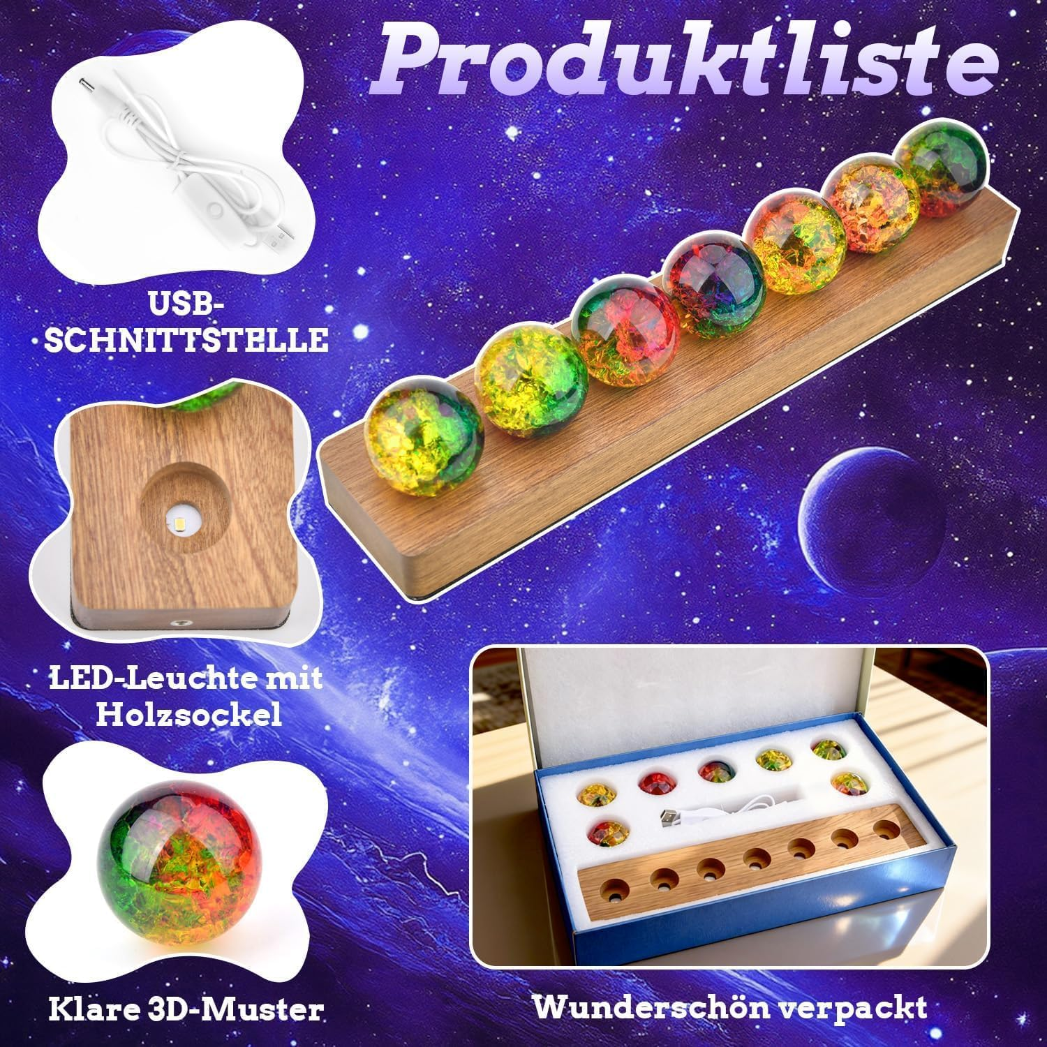 3D Crystal Ball Night Light, LED Ball, Pack of 7 Colourful Glass Crystal Balls with LED Wooden Base, 40 Mm Glass Ball Planet Lamp, Decorative Colourful Crystal Ball for Night Light, Ornaments image number 3