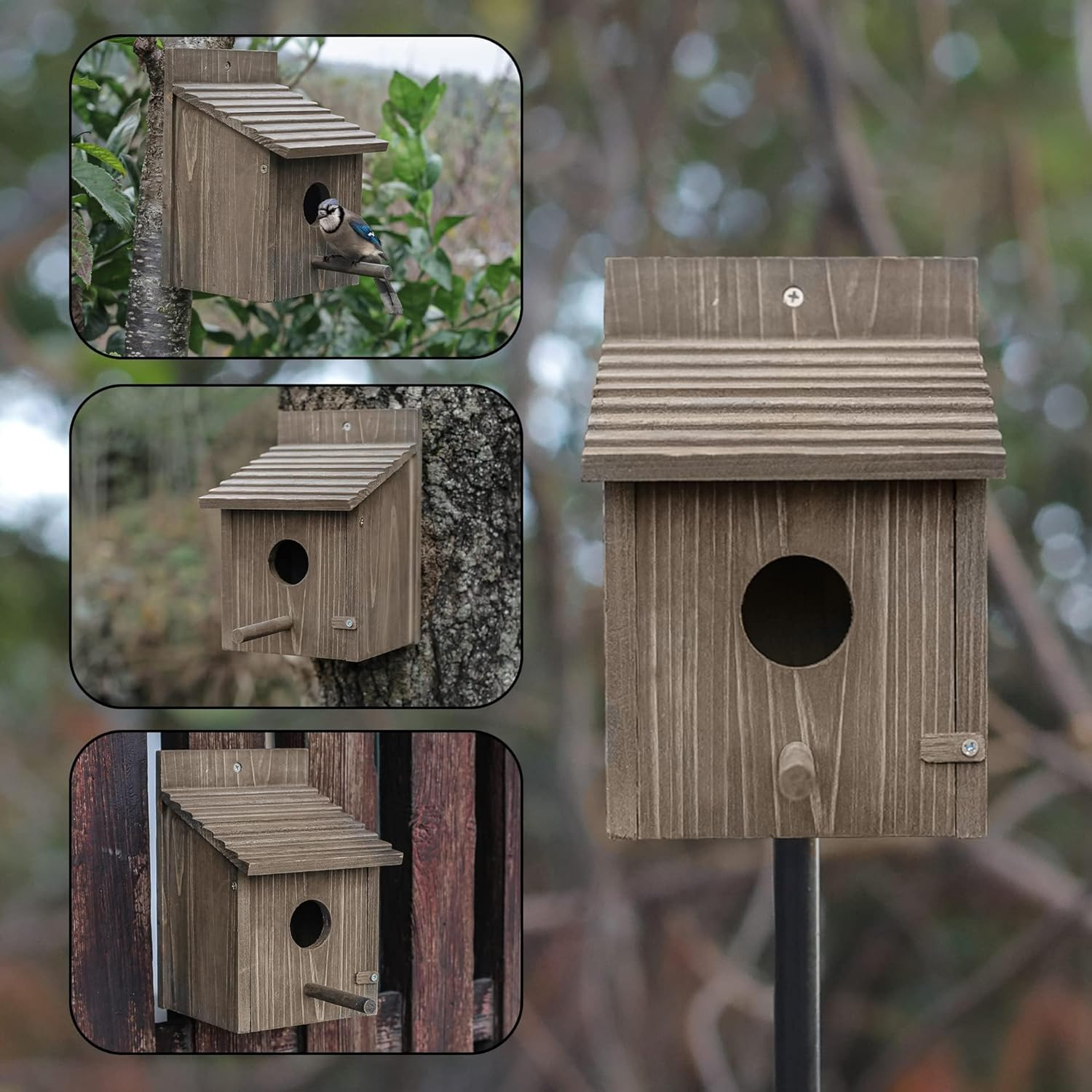 Wood Bird Houses for Outside, with Pole Wooden Bird House, Bird Houses for outside Clearance, Garden Country Cottages (Black)