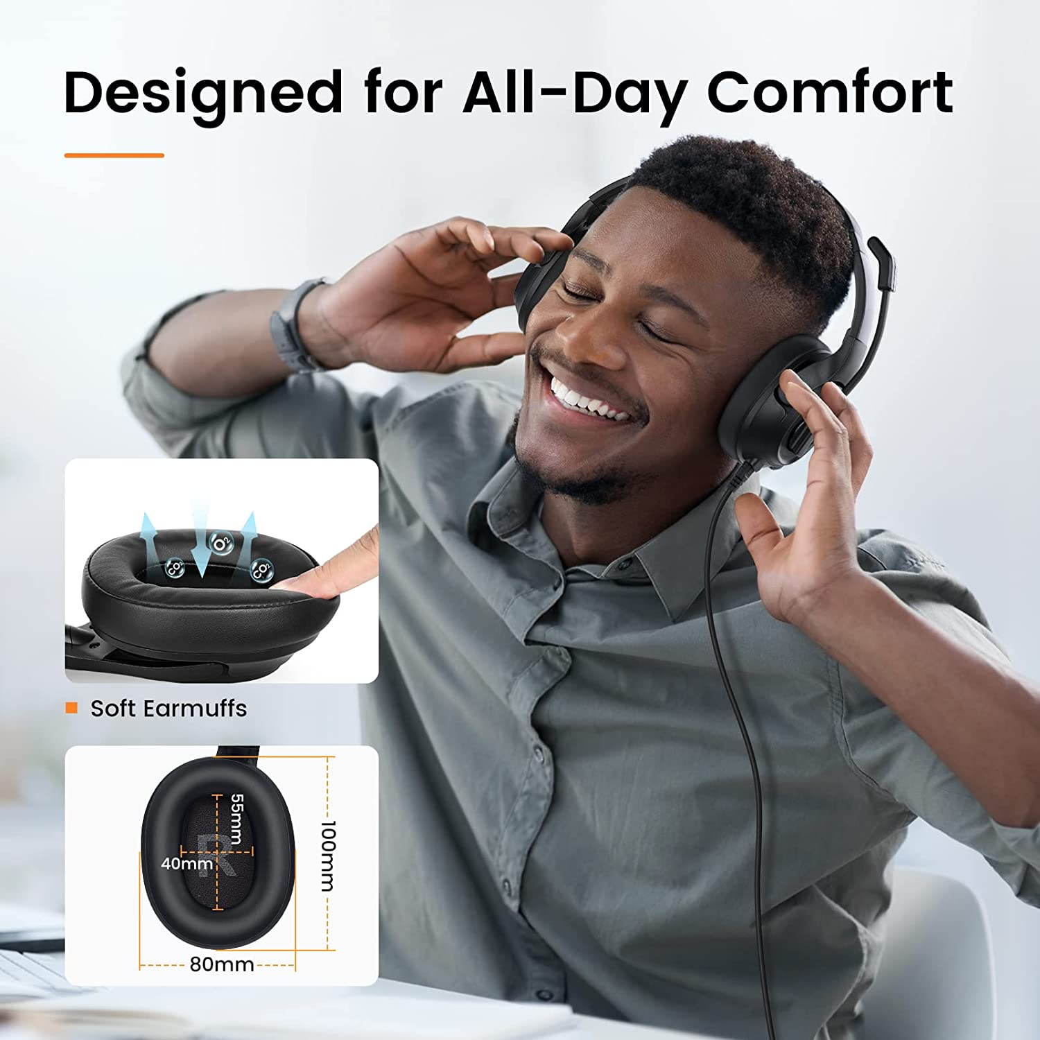 Headset with Microphone for PC, Environmental Noise Canceling Over-Ear Computer Headphones for Laptop, USB Headset for PC Work, Comfort Wired Headset with Busy Light, Mute Switch & Volume Control - Black image number 4