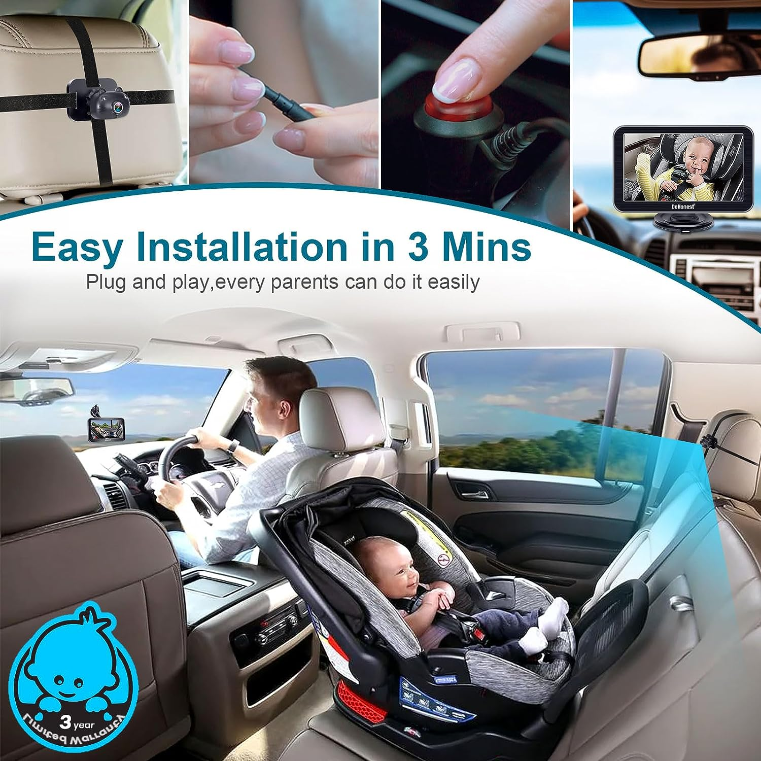 Dohonest Baby Car Camera 7-Inch: USB Plug and Play Easy Setup 360&deg; Rotating Backseat Dual Camera Two Kids HD 1080P Rear Facing Car Seat Camera Clear Night Vision -V9 image number 6