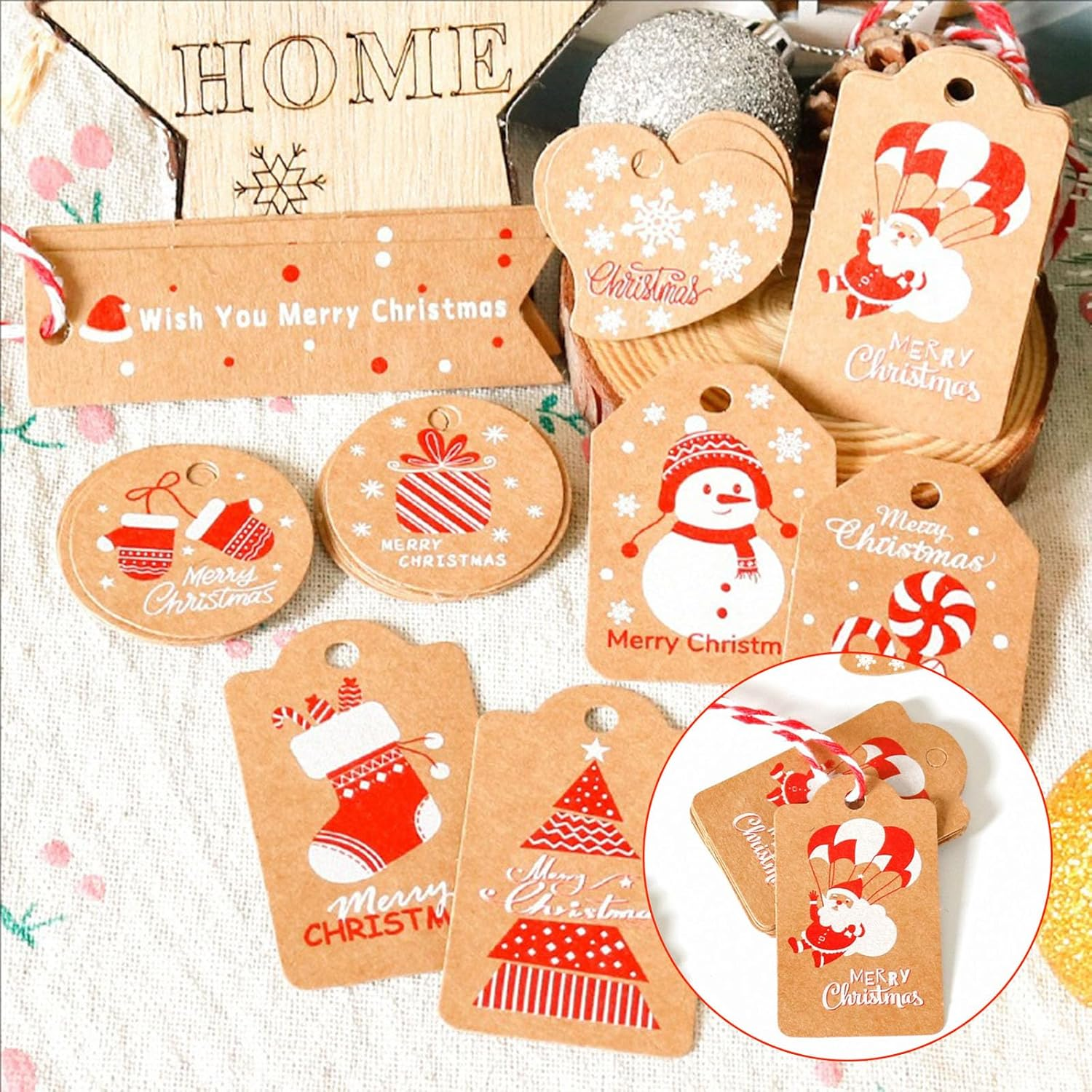 100 PCS Gift Tags Christmas, Brown Kraft Paper Gift Tags Christmas Kraft Paper Tags with String DIY Xmas Hanging Name Tags image number 4