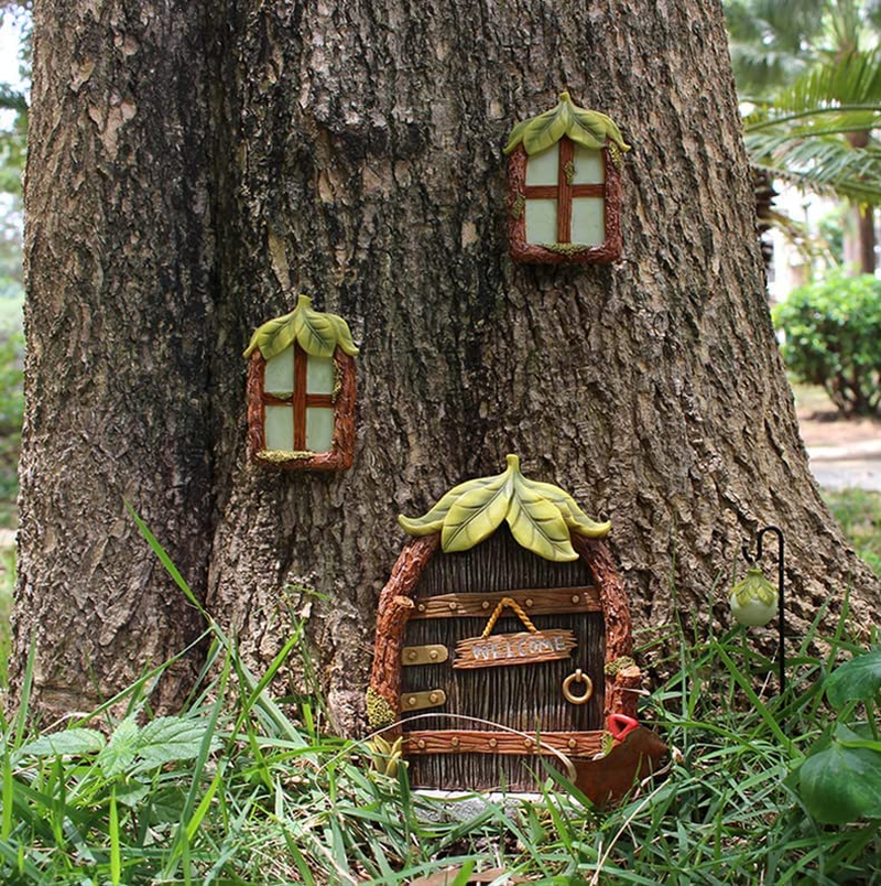 4Pcs Fairy Door Kit,Fairy Door and Windows Kit for Trees Outdoor Glow in the Dark, Fairy Tree Decorations, Garden Decor Door Windows and Lantern, Wall and Trees Outdoor image number 2