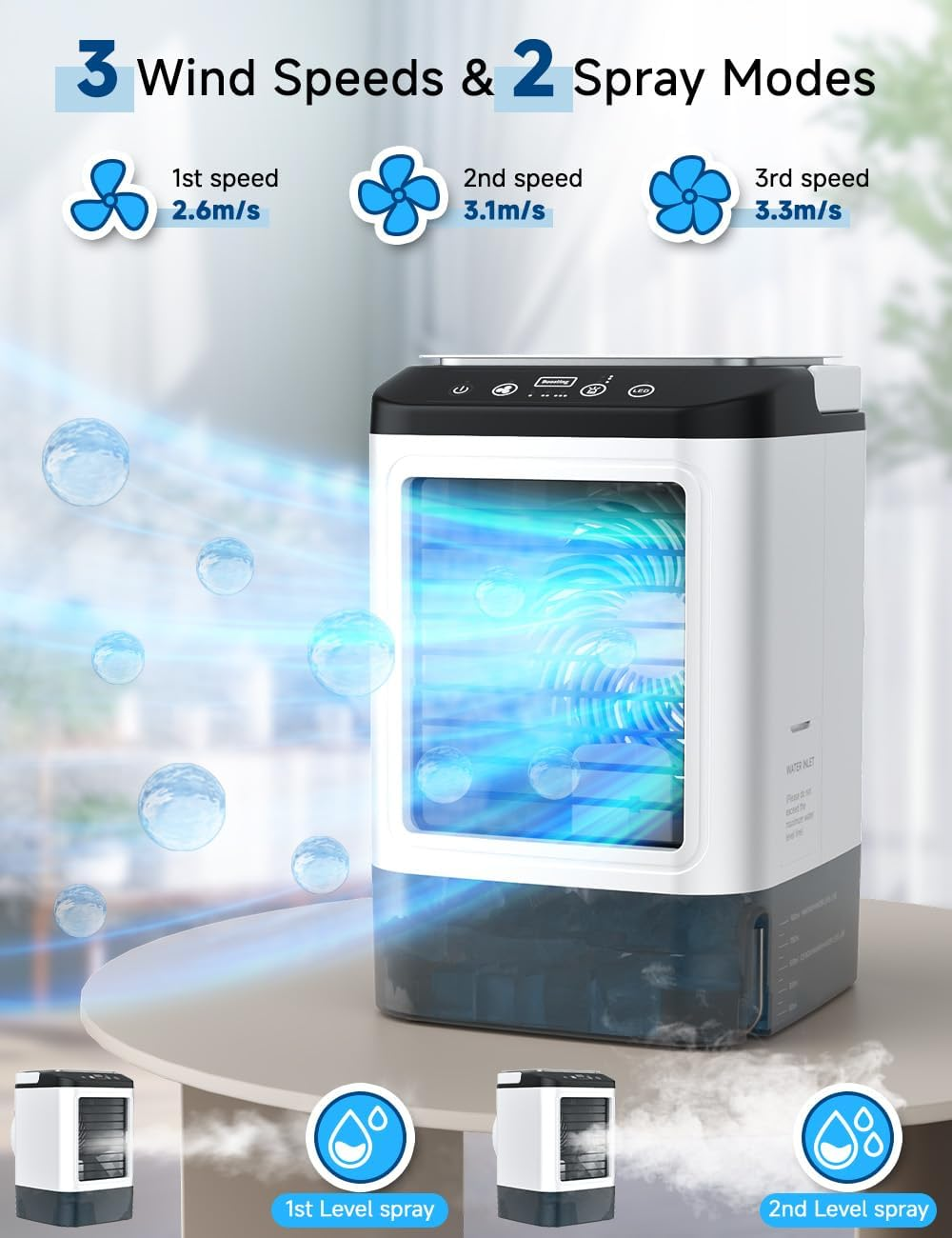 4-IN-1 Portable Air Conditioner, 3 Speeds & 2 Spray Modes, 900ML Tank, Boosting Mode, 25Db USB Powered Mini Cooler, Humidifier, Cooling Fan, 7 Night Light, Evaporative Air Cooler for Room Home image number 4