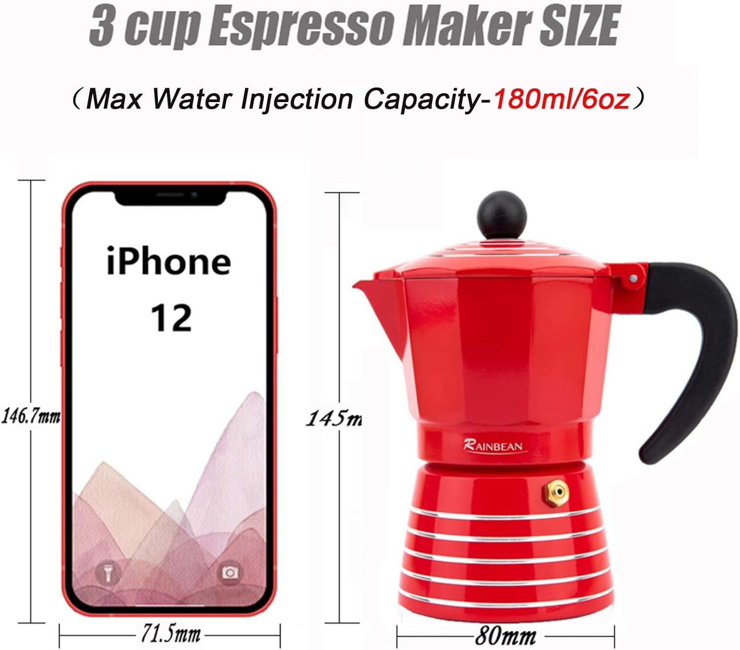 RAINBEAN Stovetop Espresso Maker 6 Cup Moka Pot,Italian Cuban Greca Coffee Maker,Aluminum Durable and Easy to Use & Clean,300Ml Red - Black image number 7