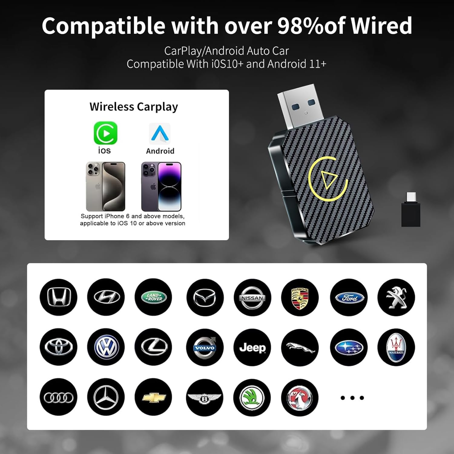Wireless Adapter for Carplay, Adapter for Convert Wired to Wireless Carplay/Android Auto, Mini Size with Extension Cable USB, Stable Control & No Delay image number 2