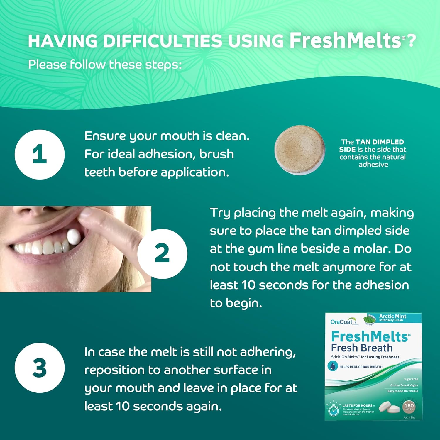 Oracoat Freshmelts Fresh Breath Stick-On Melts for Lasting Freshness, 60 Count Breath Freshener for Bad Breath, Non-Acidic & Sugar-Free, Arctic Mint image number 3