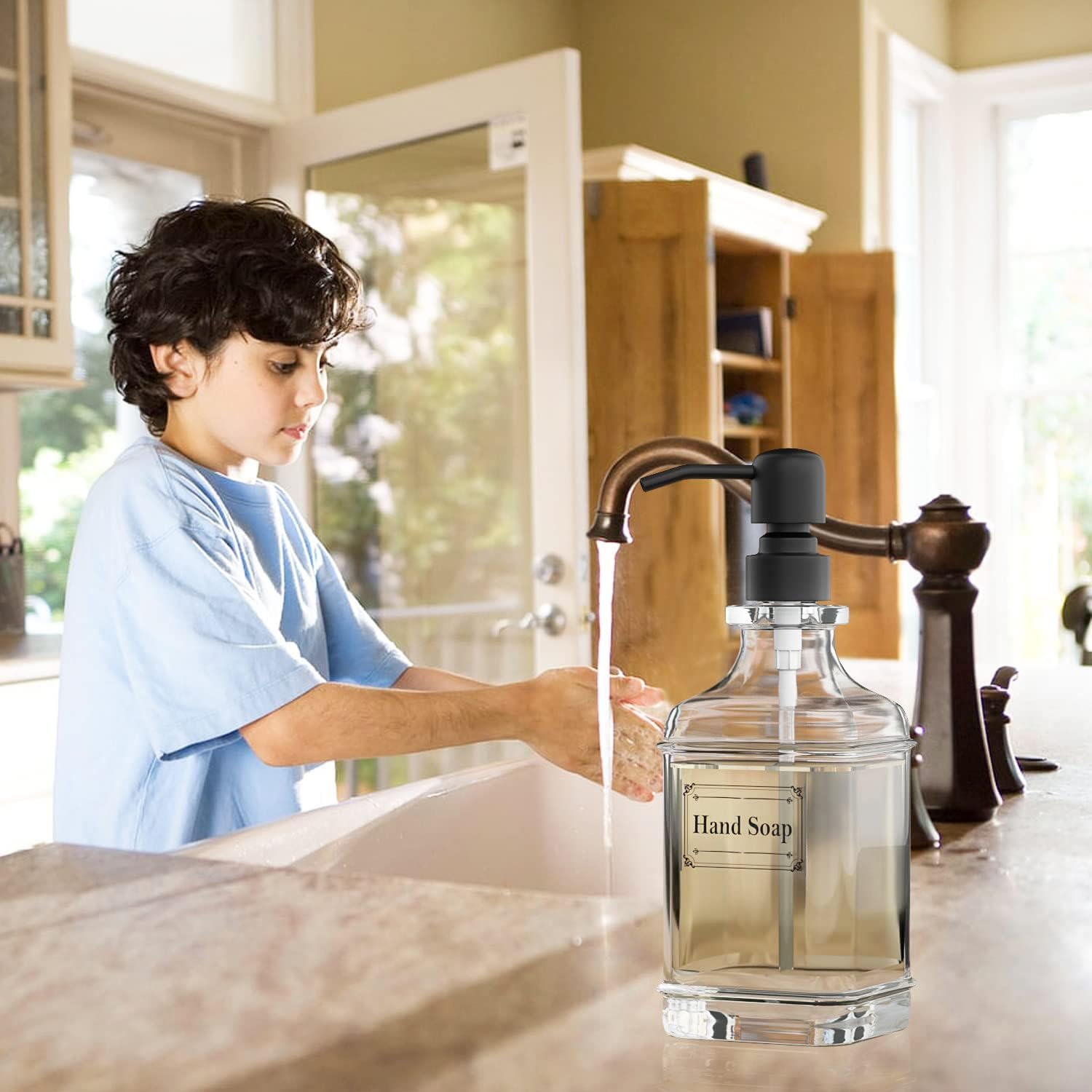 Soap Dispenser 2 Pack, 18 Oz Antique Design Thick Glass Hand Soap Dispensers with 304 Rust Proof Stainless Steel Pump 4 Clear Stickers for Bathroom Kitchen image number 6