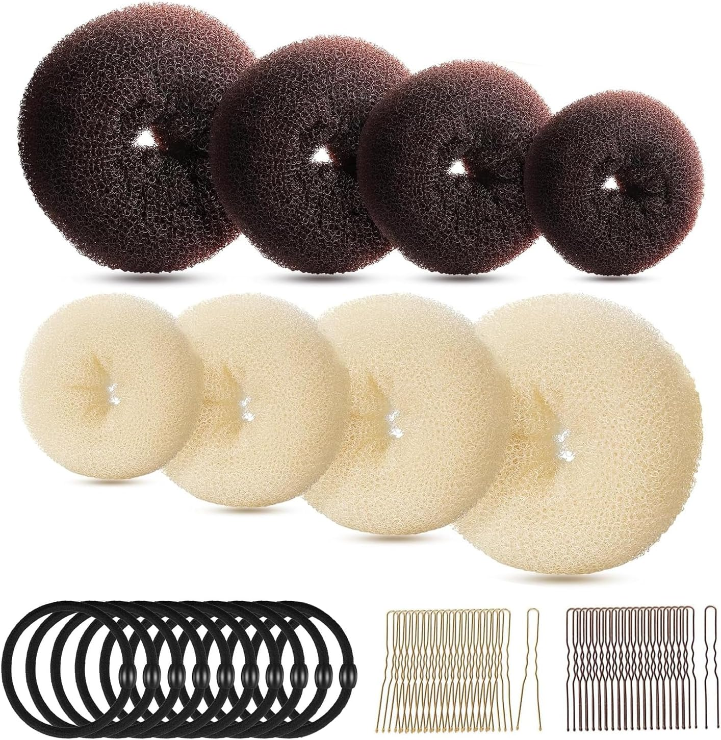 Topbine Hair Bun Maker Set, Donut Bun Maker Set with 4Pcs Dark Brown &4Pcs Beige(2 Extra-Large,2 Large,2 Medium and 2 Small), 10 Pieces Hair Elastic Bands, 38 Pieces Hair Bobby Pins (Brown and Gold)