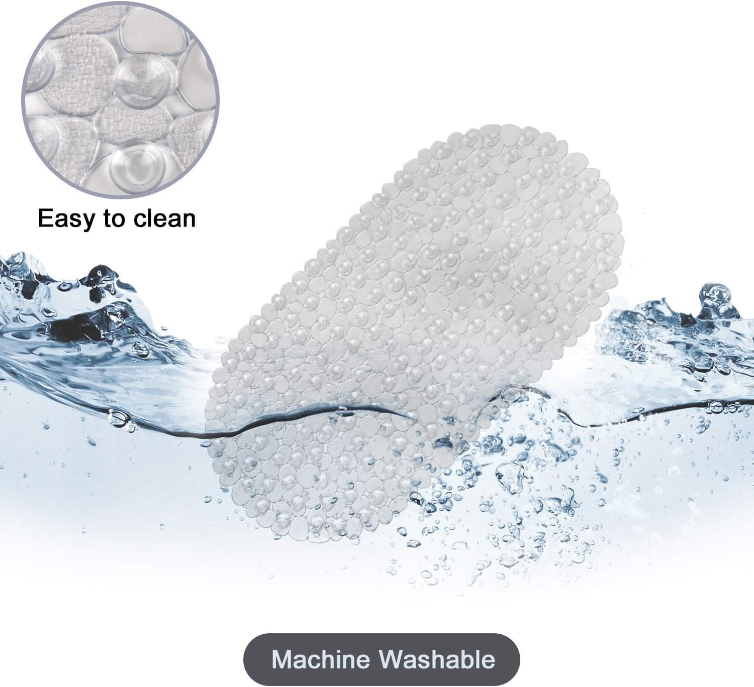 Miners2000 Pebbles Bath Mat Clear Non-Slip Bathtub Mat with Suction Cups, Drain Holes for Bathroom Showers, Tub, Machine Washable, BPA, Latex Free Safe Shower Mats. (Pebbles-Clear, Oval(27" X 14")) image number 2