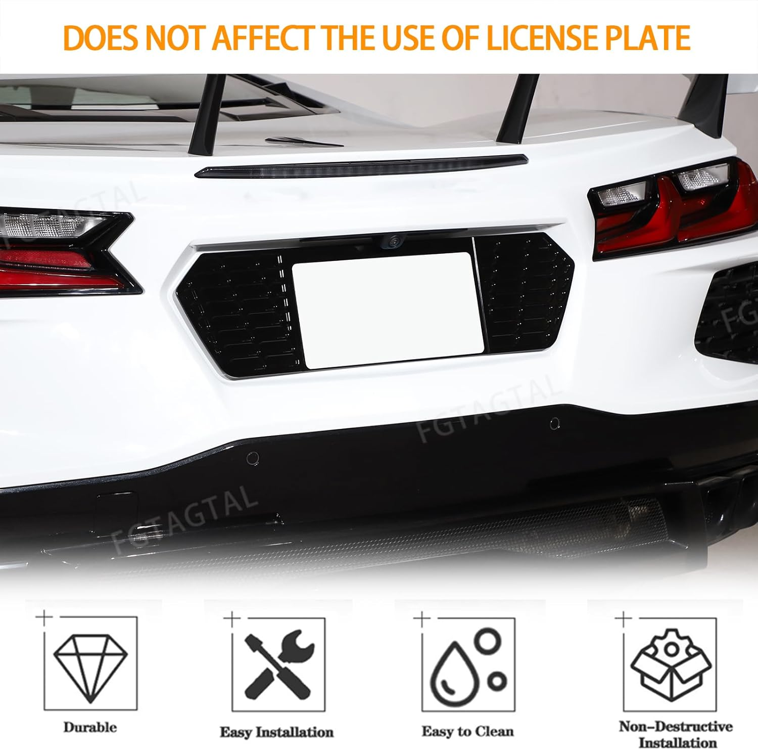 Rear License Frame Compatible with Chevrolet Corvette C8 2020-2025, Aluminum License Plate Frame Grill Vent Insert, License Plate Trim Base Accessories (Bright Black) - Black image number 6