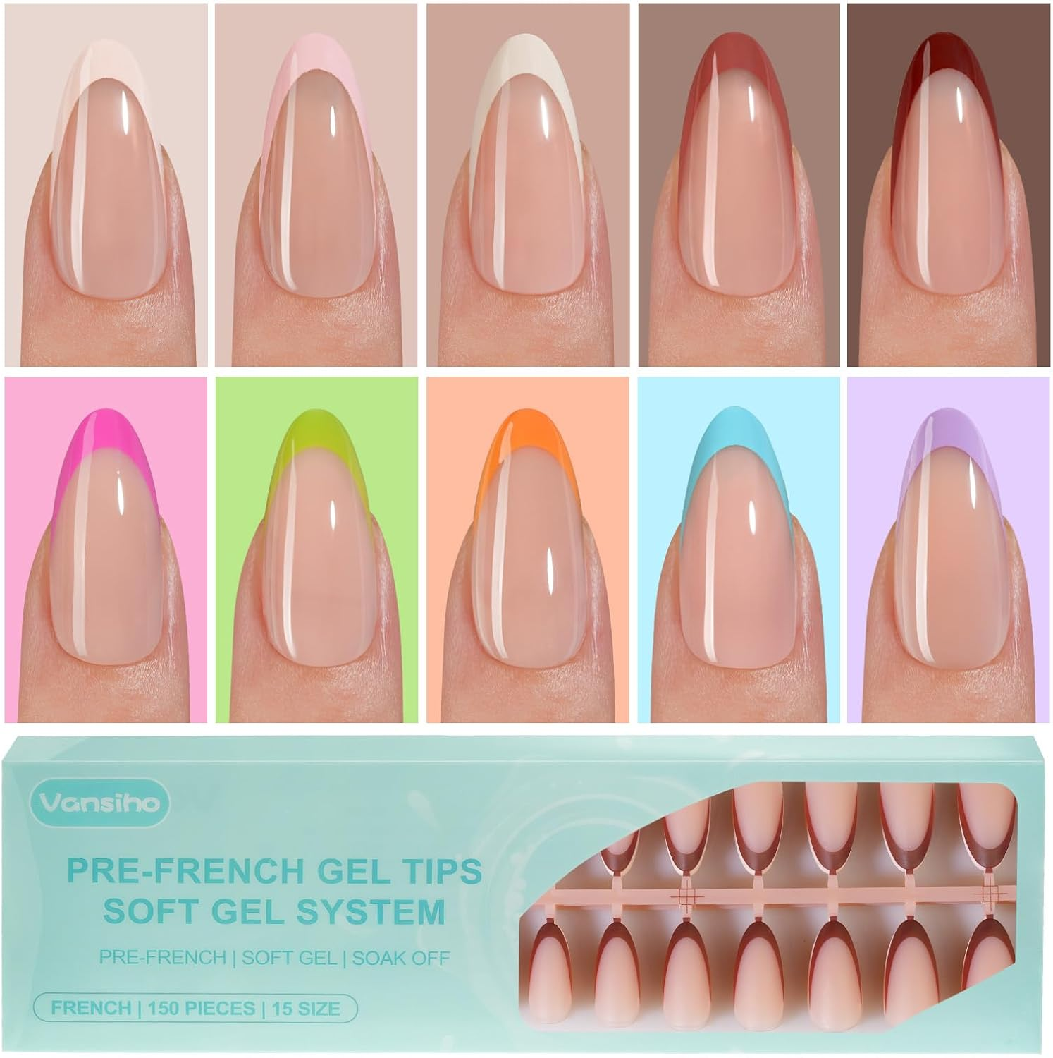 150 Pcs French Nail Gel Tips Long Square Nail Tips Pre-French Tips Press on Nails False Nails for DIY Nail Art in 15 Sizes image number 6
