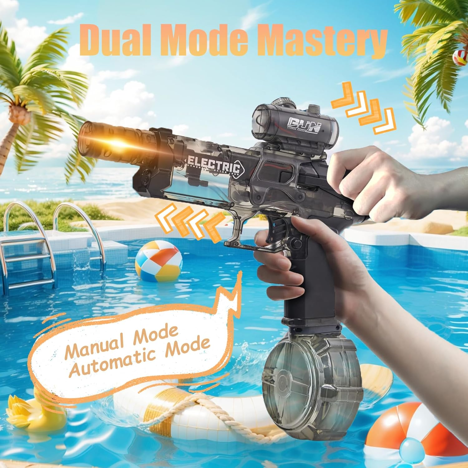 Wakouter Electric Water Gun for Adults Kids, Long Range Automatic Squirt Watergun, with Realistic Guns Muzzle Flame Rechargeable Automatic Watergun Swimming Toys for Summer Pool Beach Party (Black) - Red image number 4