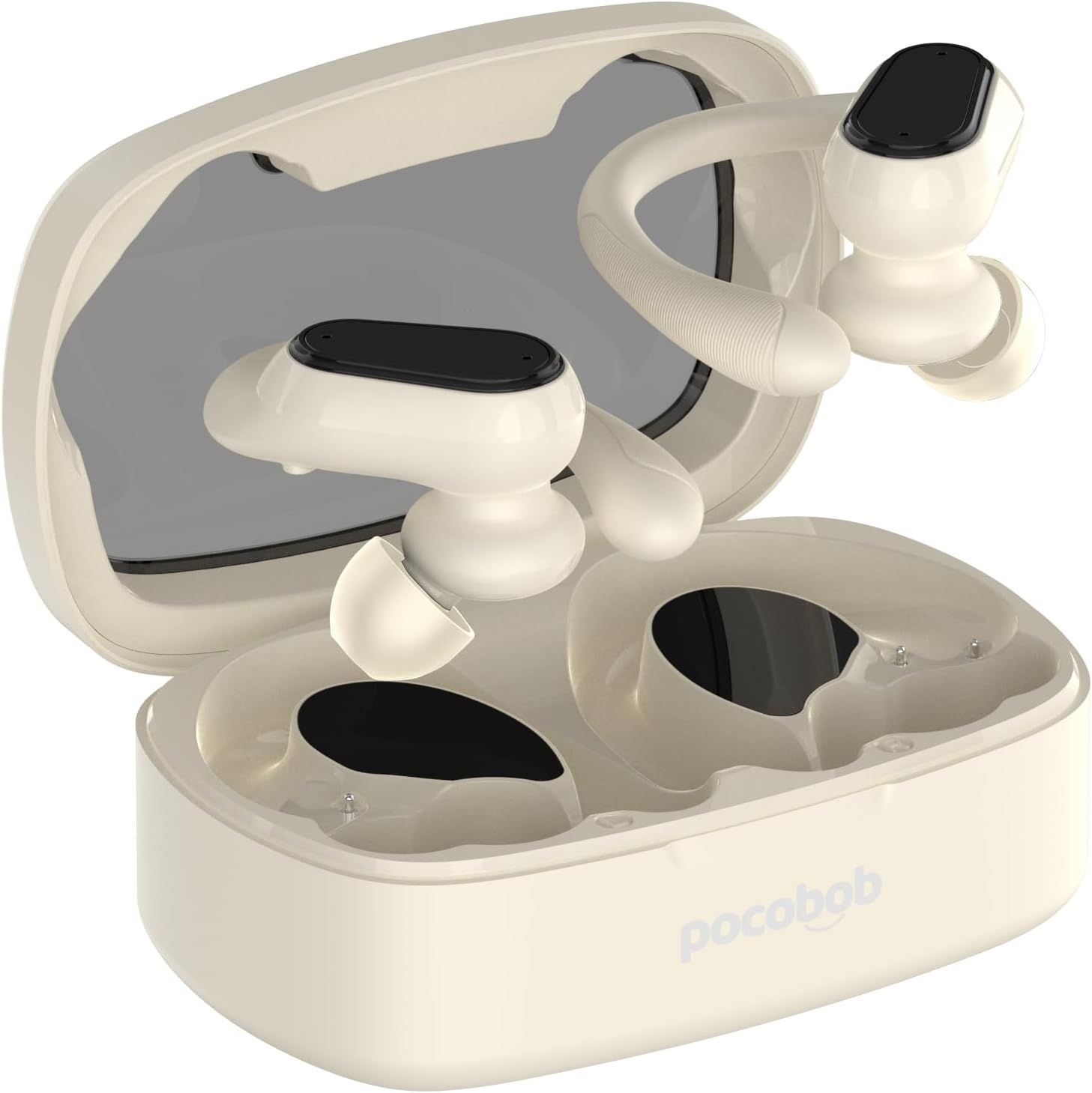 Pocobob SP Sports Headphones with Ear Hooks, Bluetooth 5.0 In-Ear, Microphone, Touch, IPX7 Waterproof, 30H Battery, USB-C - Wireless Earbuds for Fitness, Jogging, Training & Outdoor (Beige) image number 1