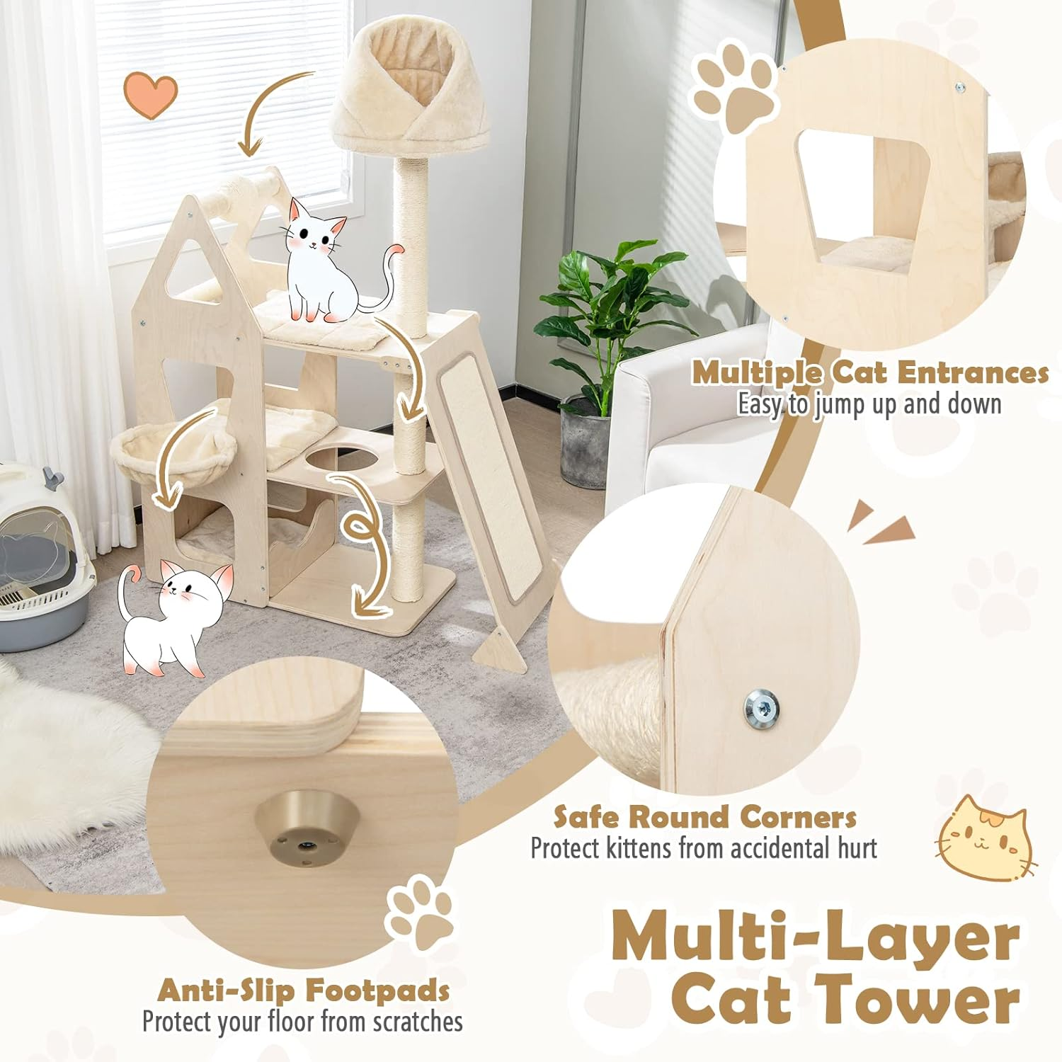 Costway Multi-Level Wood Cat Tree, Cat Tower with Sisal Scratching Post, Ball & Board, Plush Condo, Platforms, Padded Perch, Cozy Hammock, Kitten Condo Furniture for Rest & Fun, Beige image number 2