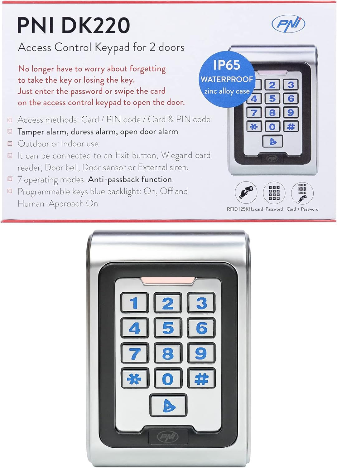 PNI DK220 Standalone Outdoor & Indoor IP65 Access Control Keyboard with 2 Relays, Silver image number 4