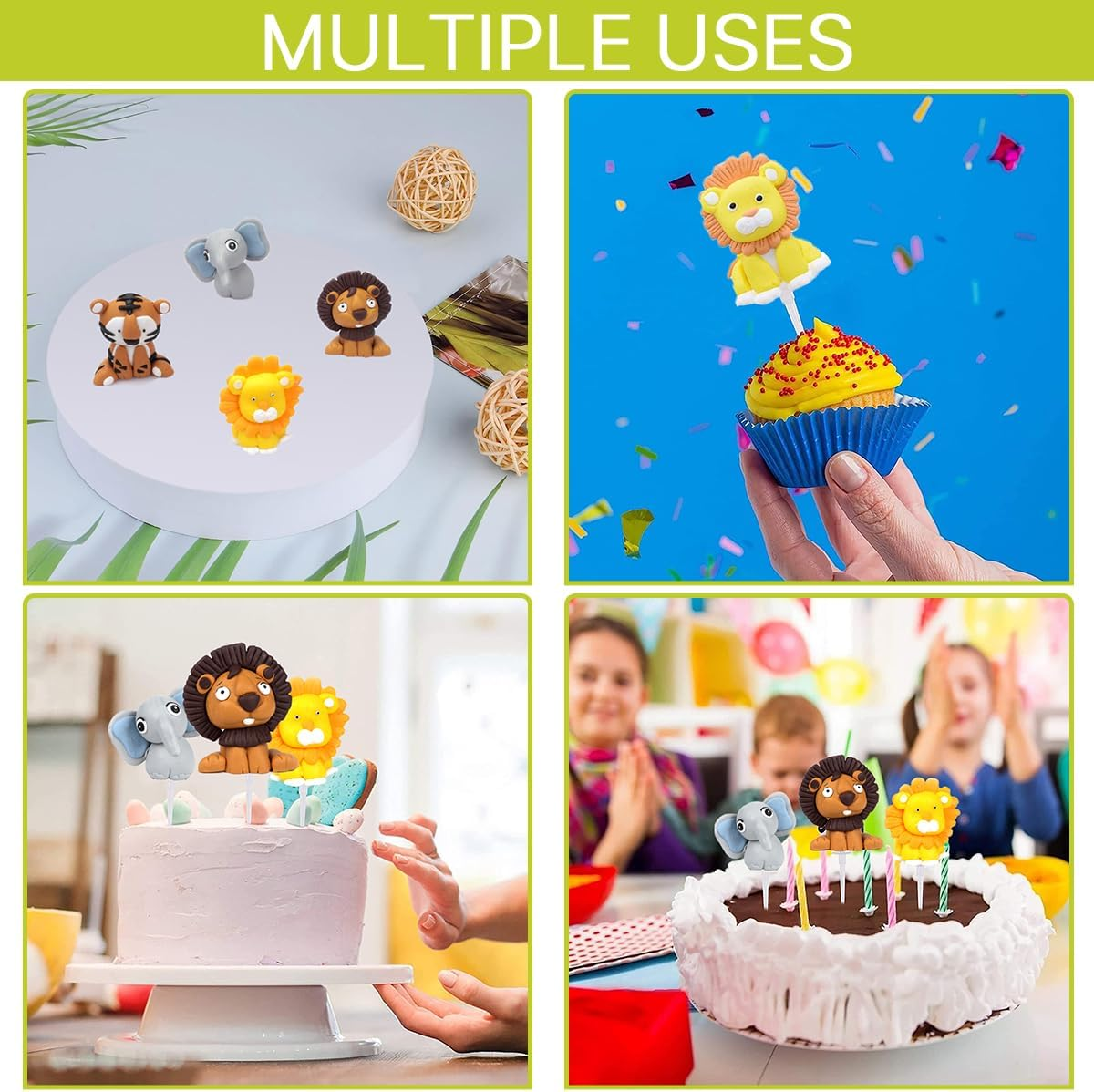 Jungle Safari Animal Cake Toppers, 14Pcs Happy Birthday Animal Cake Decoration Giraffe Tiger Lion Elephant Cake Topper for Jungle Animals Theme Party Baby Showers Kid Birthday Party Supplies