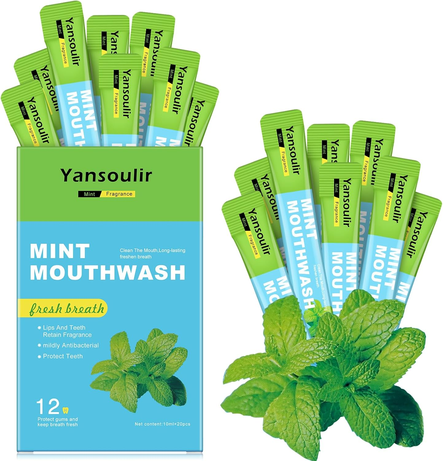 Mint Mouthwash, Fresh Breath, 20Pack Single-Use Sachets, 10Ml