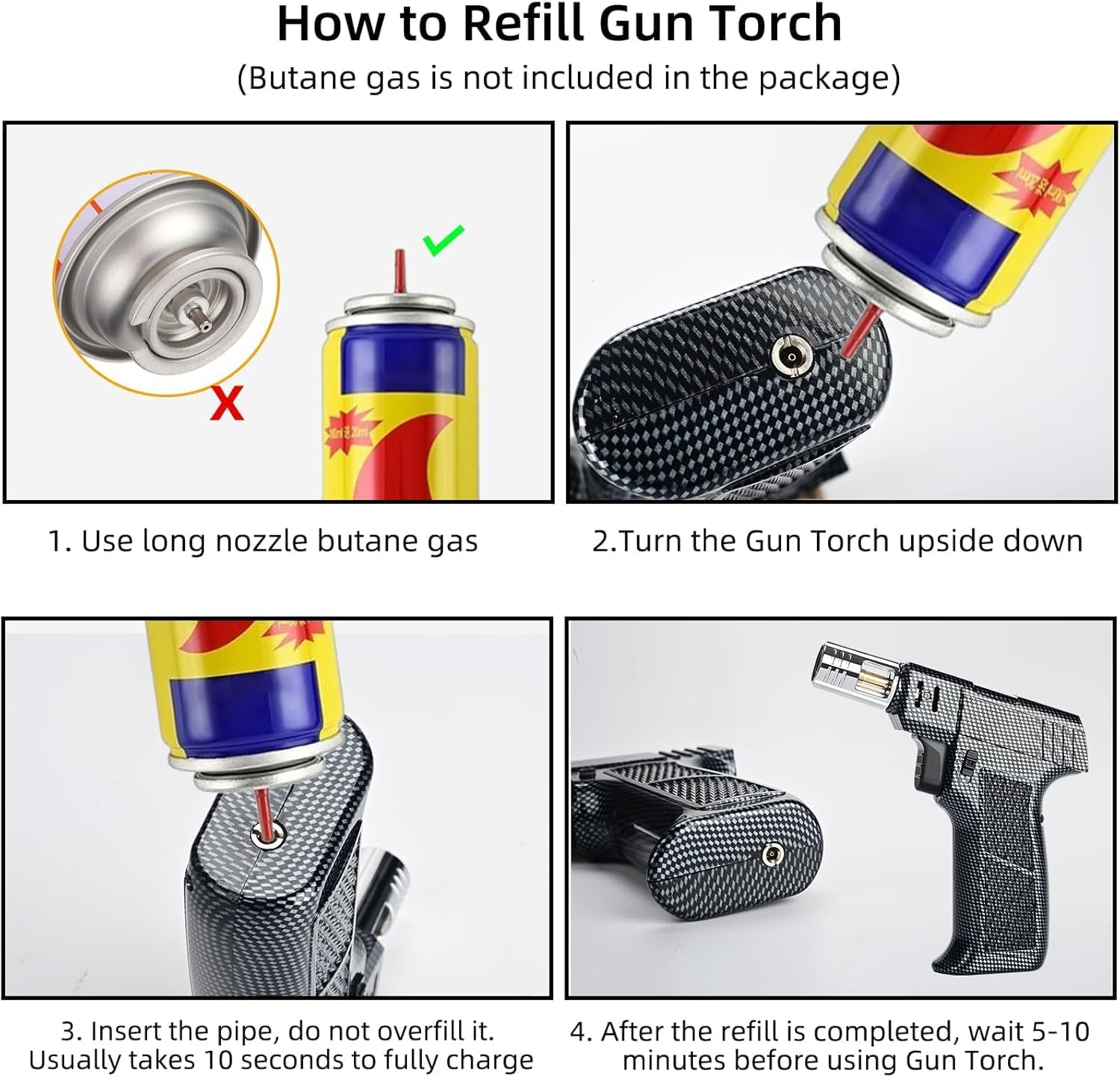 Windproof Torch Lighter,Adjustable Flame Refillable Butane Gas Lighter with Continuous Flame Lock,Kitchen Cooking Refillable Torch Lighter, Butane Gas Is Not Included (Fiber Black)