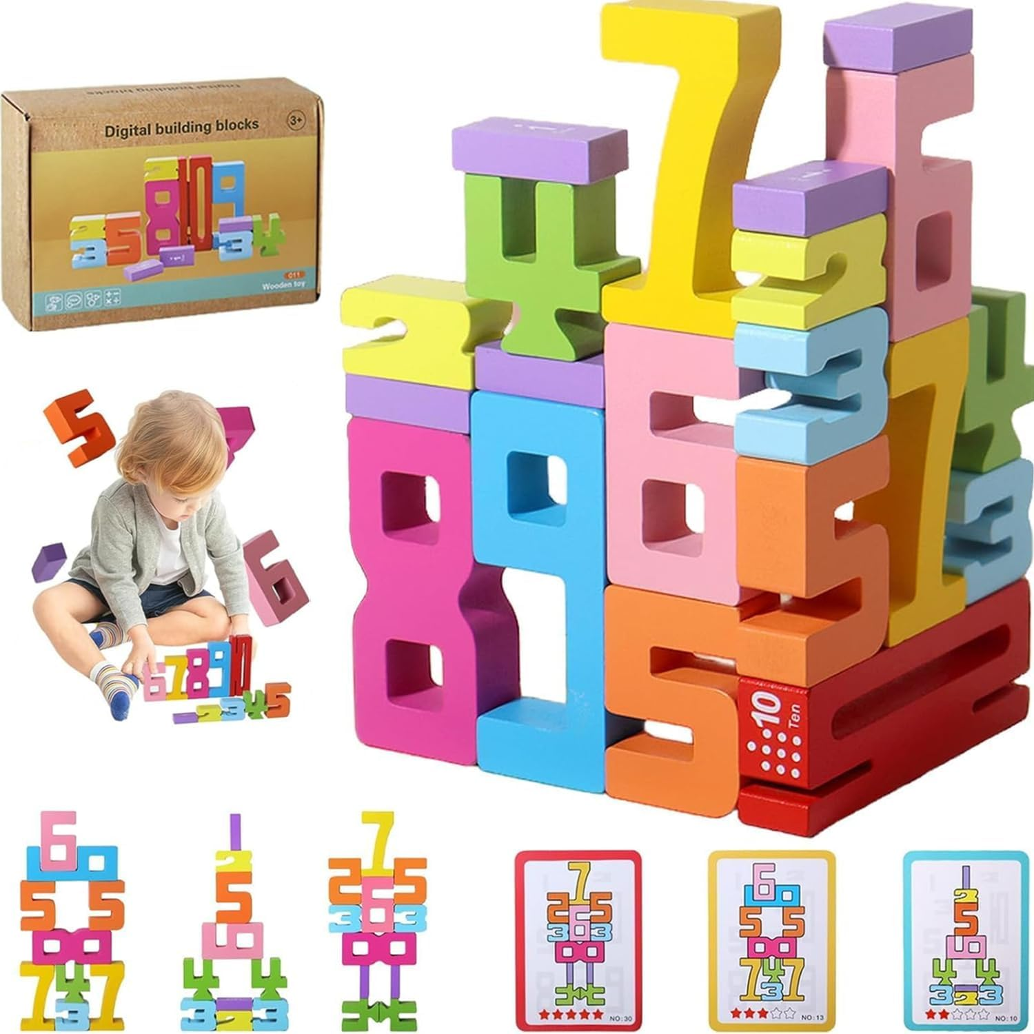 Wooden Number Building Blocks, Montessori Wooden Number Building Blocks, Friends of Ten Blocks, Number Blocks for 3+ Years Old Kids 1-10 Number Game Balance Competition Toy (1 Set / 20 Pcs)