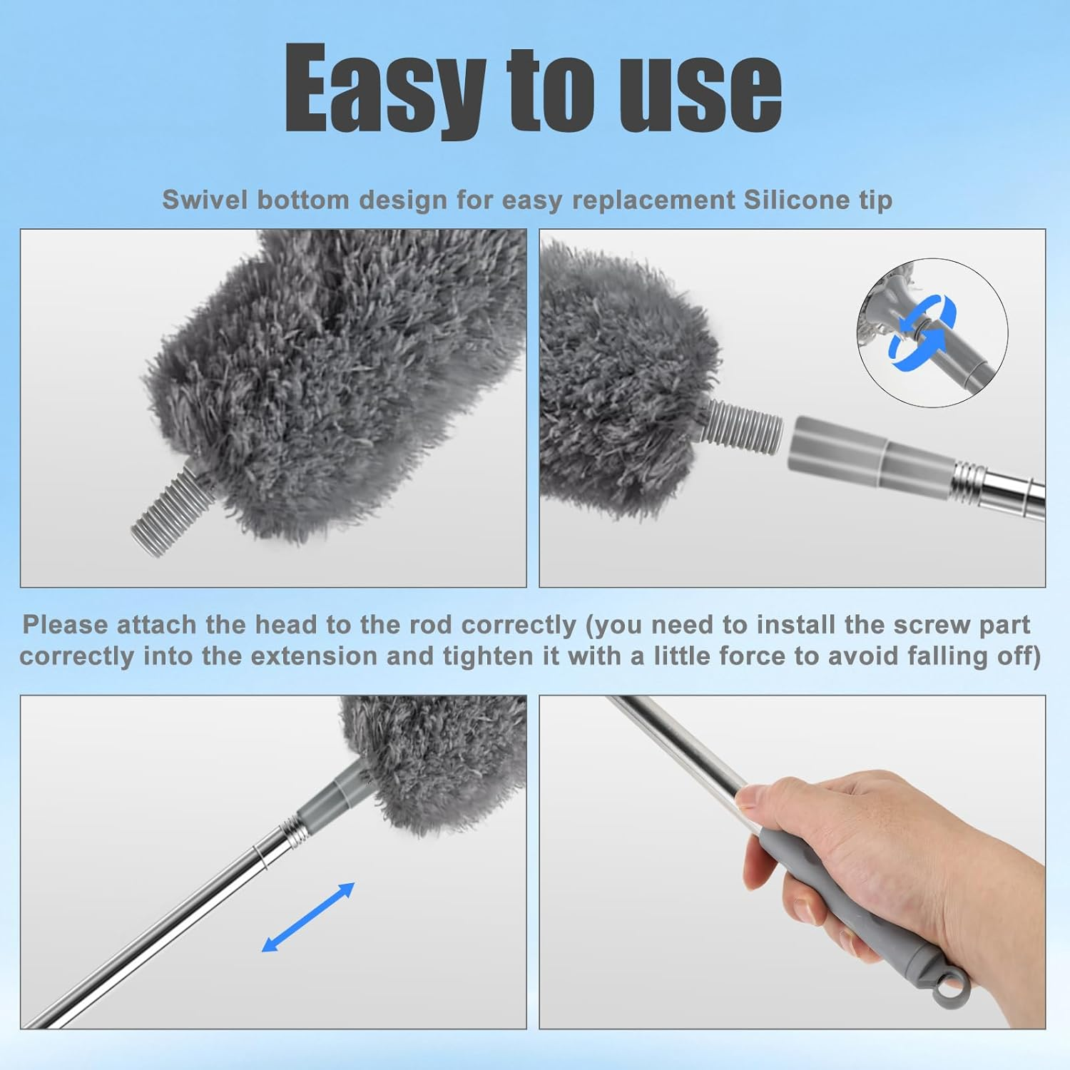 Zikenis Washable Telescopic Duster, Microfibre with Stainless Steel Telescopic Rod, Long Extendable up to 2.45 M, for Ceiling Cobwebs Cleaning, Grey image number 6