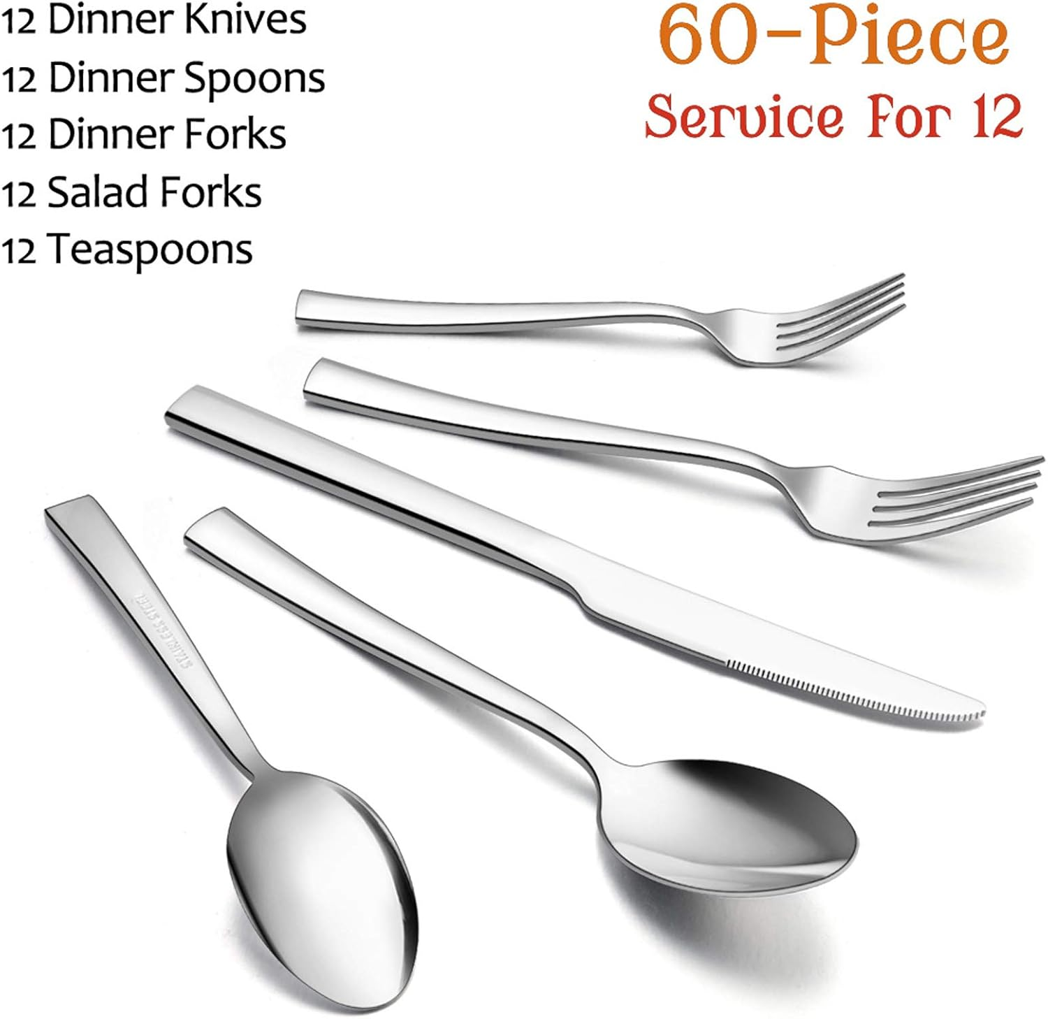 60-Piece Silverware Set, E-Far Stainless Steel Flatware Set Service for 12, Tableware Cutlery Set for Home Restaurant Party, Dinner Forks/Spoons/Knives, Square Edge & Mirror Polished, Dishwasher Safe image number 1