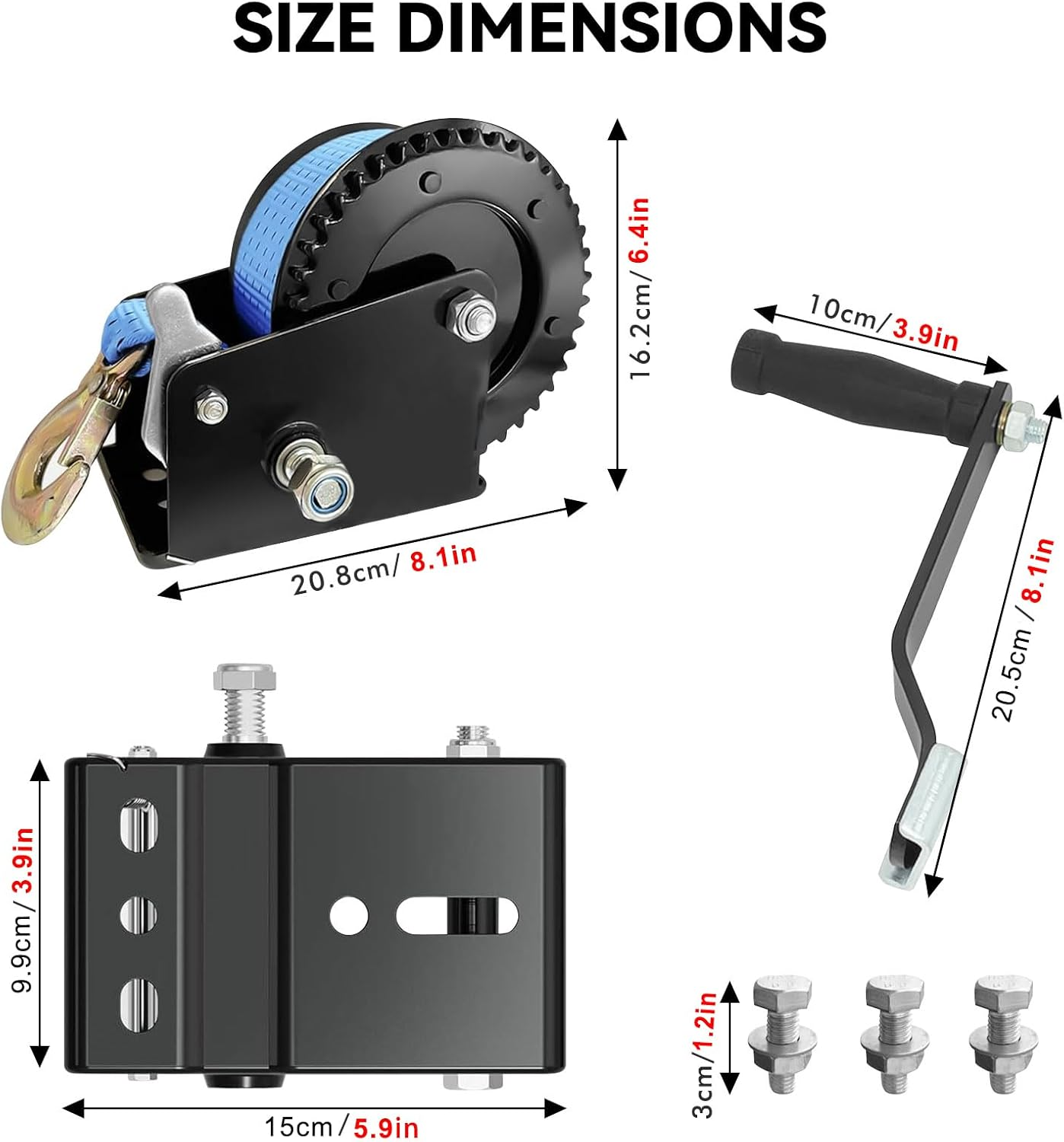 2000LBS Boat Trailer Winch with 8M Polyester Strap and Safety Hook, Manual Hand Crank Winch, One-Speed Ratchet Gear Towing Winch Boat for ATV, Jet Ski, Marine,Truck Towing image number 3