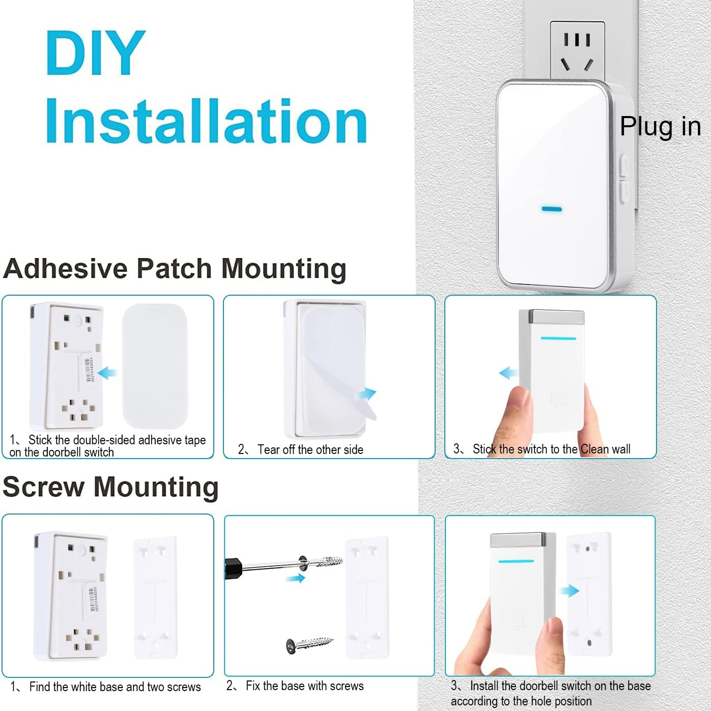 Yellow-Price No Battery Required Ring Doorbell Australia, Waterproof Self-Powered Wireless Doorbell Door Chime Kit with 45 Chimes, 4 Volume Levels, Long Range 300M (1 Button + 1 Receiver) - 1 Button + 1 Receiver image number 6