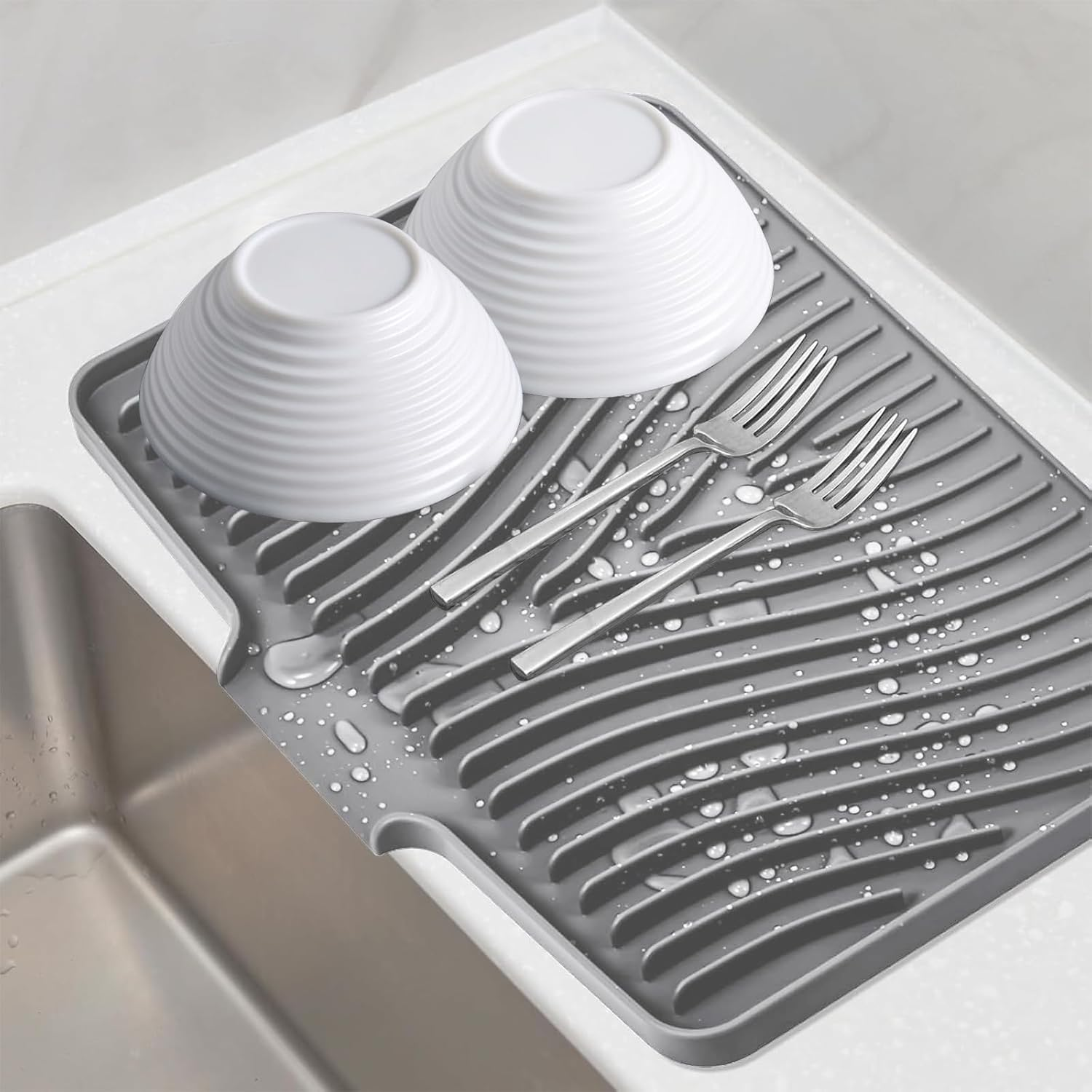 Silicone Dish Drying Mat,Foldable Sloped Silicone Draining Mat with Drain Lip for Kitchen Counter,Multifunctional Non-Slip Drain Pad,Heat-Proof Sturdy Compact Easy to Clean Tray(Grey) image number 4