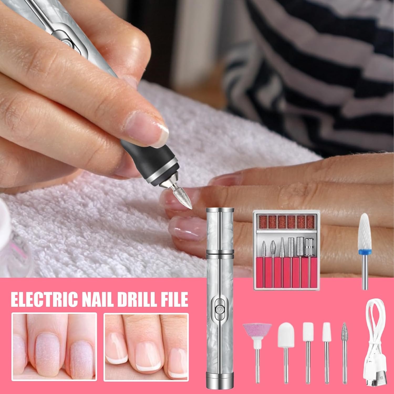 Acunny Nail Drill Kit Nail Drill Electric Nail Drill 20000Rpm Nail File Machine Professional Rechargeable Manicure Accessories USB Pedicure Tool for Nail Art - Grey image number 4