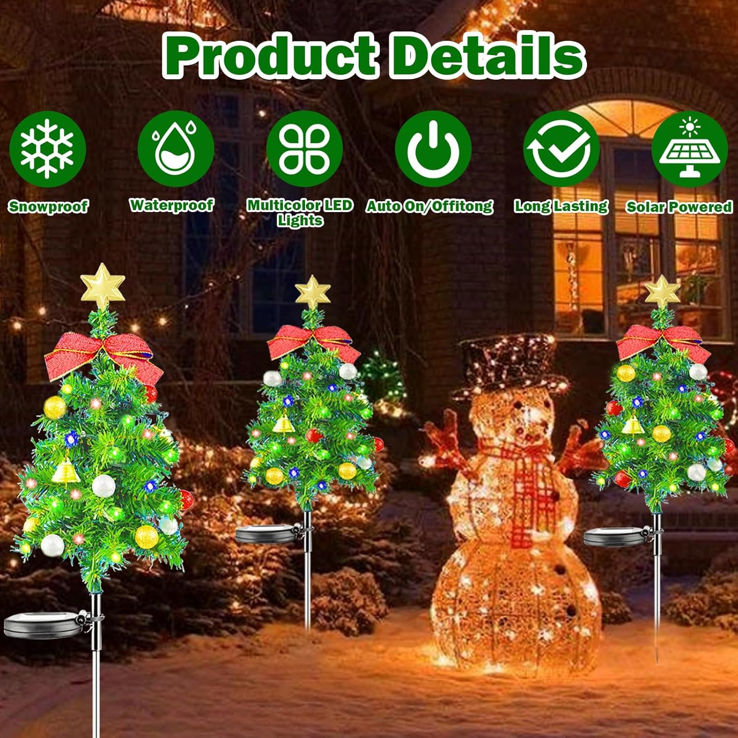 2 Pack Solar Christmas Trees Lights，68Cm Solar Waterproof Christmas Tree with LED Four Color Decorated Prelit Gift Boxes & Ornaments for Pathway Patio Yard Garden image number 1