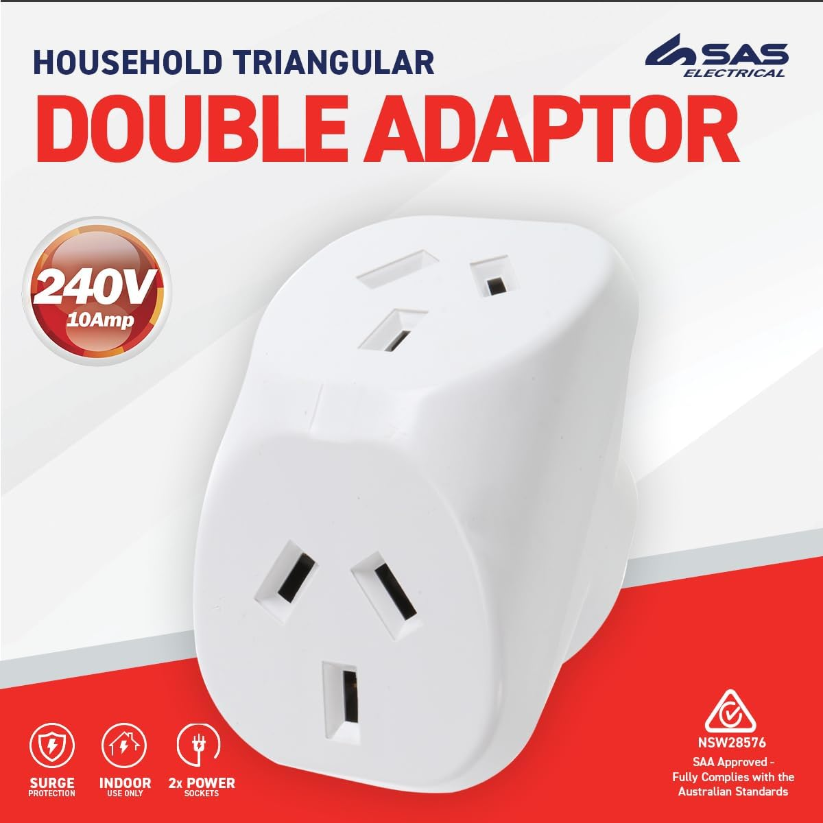 SAS Electrical 240V 10A 2400W Triangular Double Adaptor, White image number 6