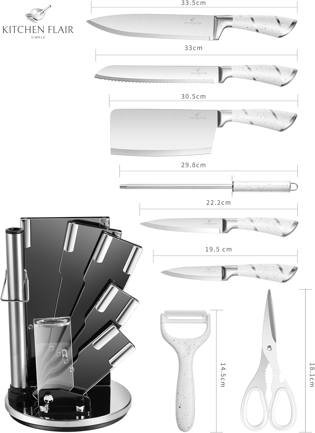 Knife Set 9Pc Stainless Steel, Professional Chef Knives with Ultra Sharp Blade, 360 Degree Rotating Block Stand, Pristine Marble White image number 6