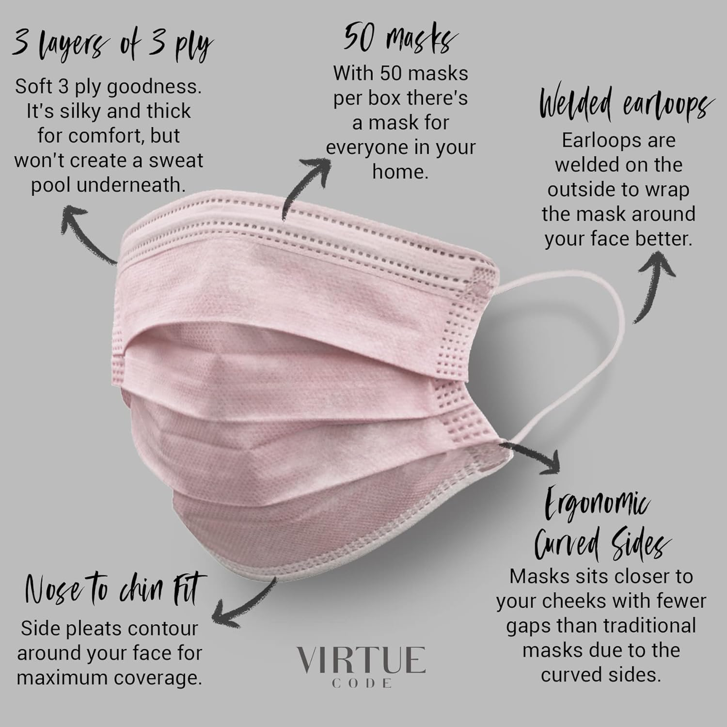 VIRTUE CODE 50 Disposable Face Masks for Men and Women. Face Mask with Elastic Ear Loops - Grey image number 2