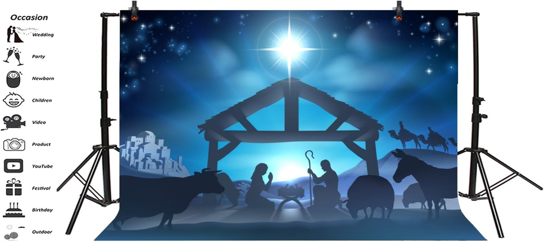 10X8Ft Birth of Jesus Backdrop Christmas Night Manger Nativity Scene Silhouette Background Farm Barn Stable Christianity Photography Prop Studio Photo Booth Props image number 2