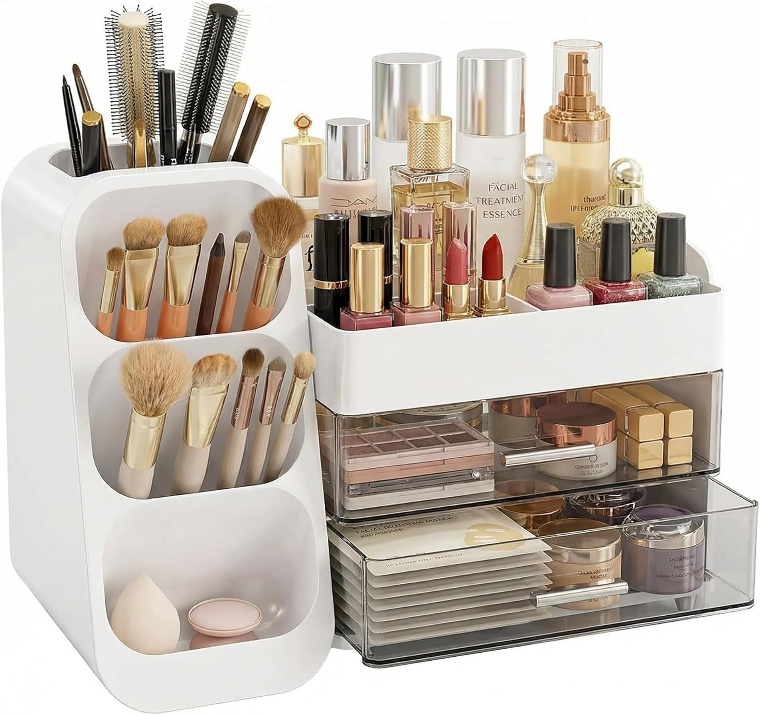 SYGELER Makeup Organizer with Drawers, Brush Holder, Desk Cosmetics Organizer with Large Capacity, Cosmetic Display Case for Make Up, Eyeshadow, Lotions, Lipstick, Beauty Essential image number 3