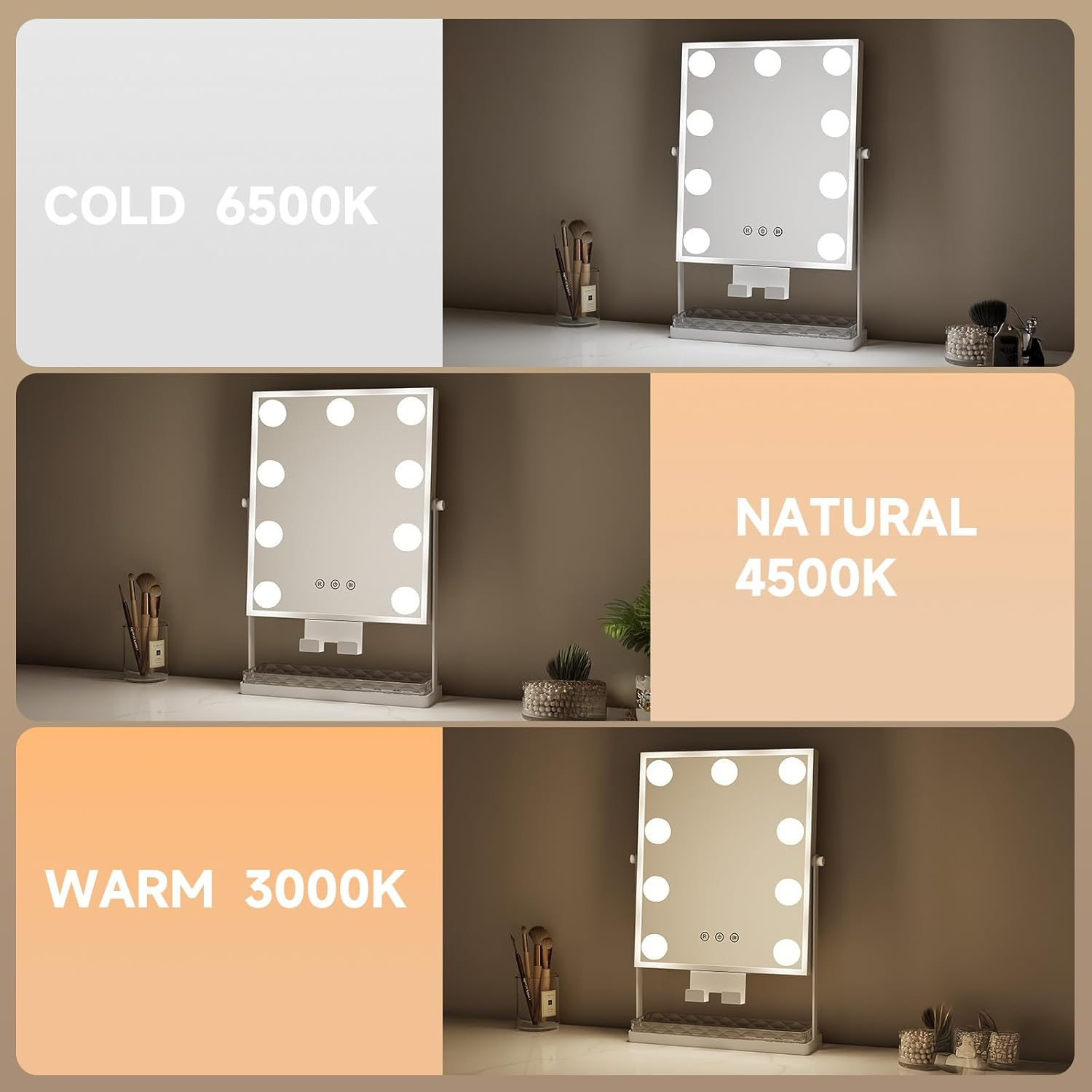AOBOSI Vanity Mirror with Detachable 10X Magnifying Mirror, Hollywood Makeup Mirror with 9 Dimmable Bulbs, 3 Color Lights, Adjustable Brightness, 360&deg; Rotation, Storage Base & Phone Holder, White image number 5