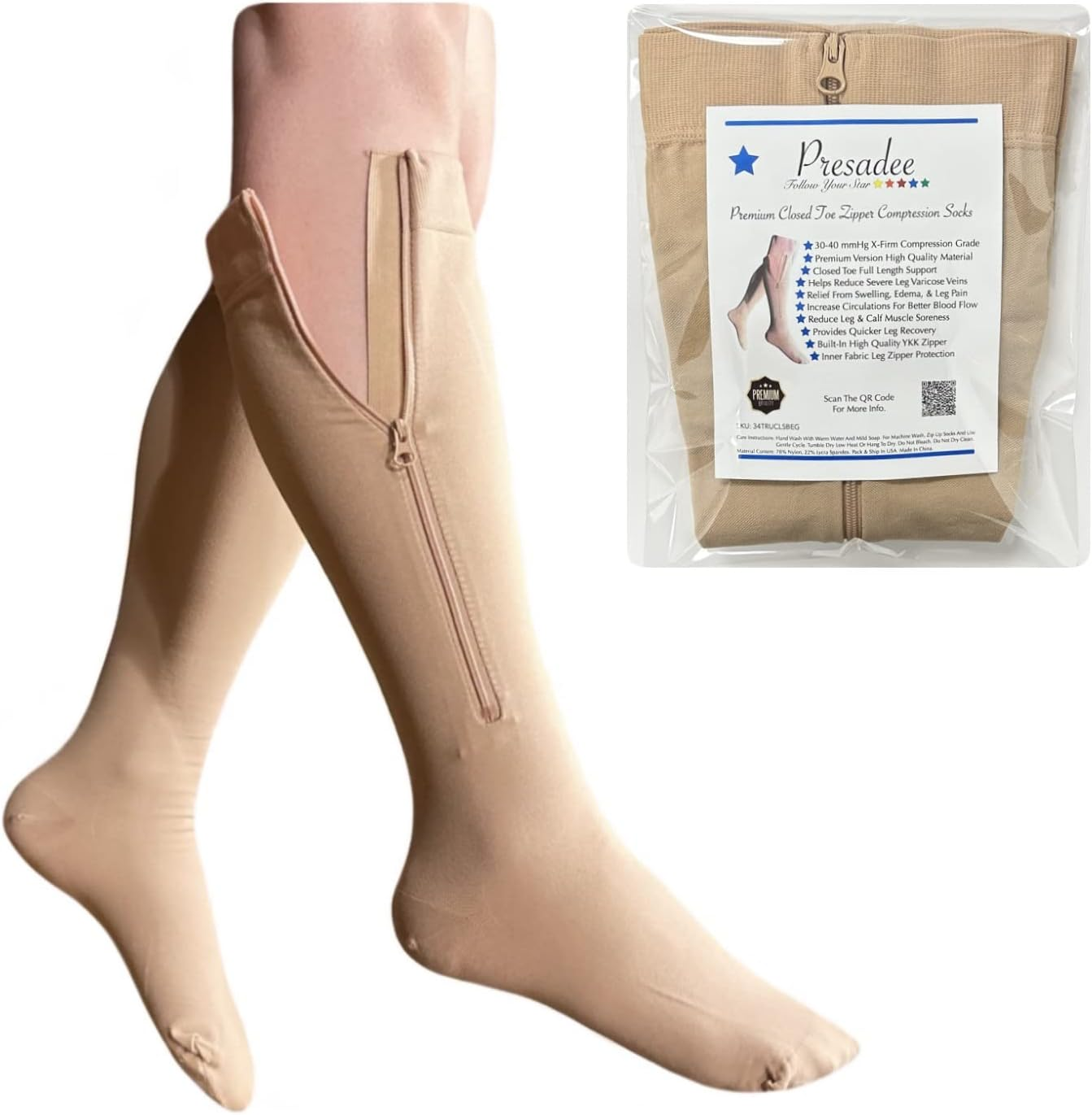 Presadee Closed Toe 30-40 Mmhg Extra Firm Zipper Compression Leg Swelling Socks