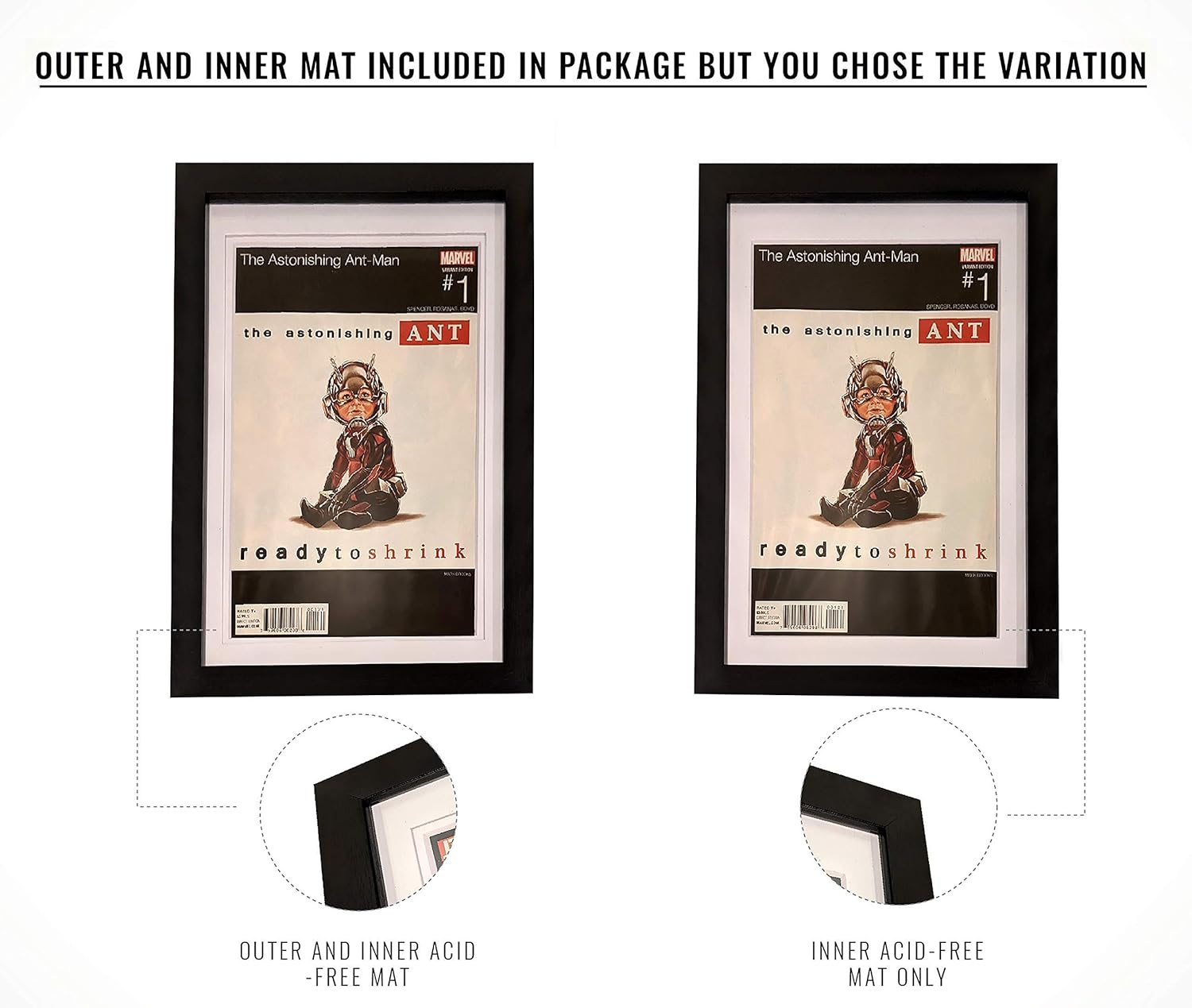 Comic Book Frame 2 Pack, MDF Wood Frame, Acid-Free Matting, 98% UV Polycarbonate Protection, Fits Comics up to 6 3/4" X 10 1/4", Fits with Comic Book Bags and Sleeves (Black Frame Black Mat) image number 4
