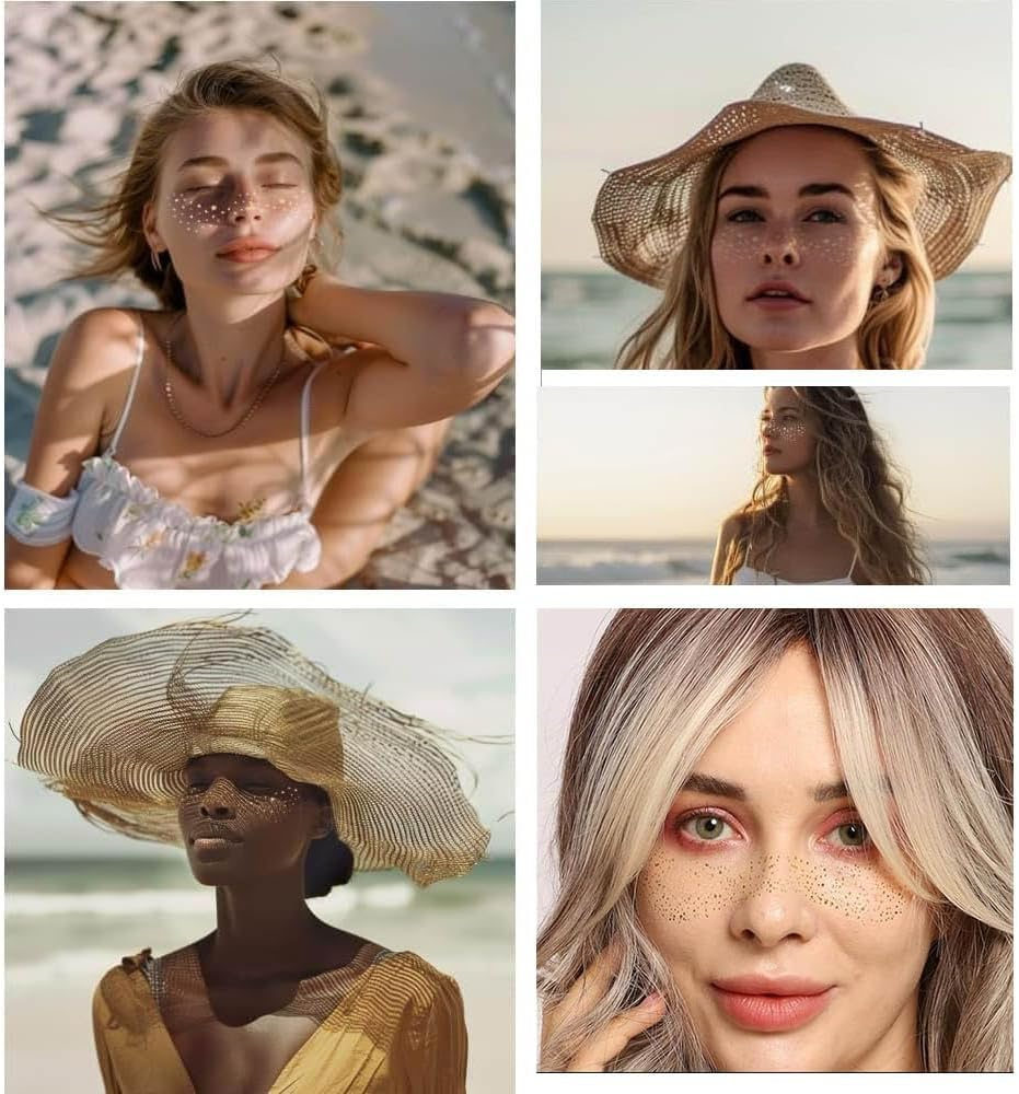 Yesallwas 6 Sheets Freckles Tattoo on the Face Freckles Tattoo Stickers Waterproof Glitter Makeup Tattoo Sticker Face Temporary Tattoos for Party Costume (Gold) image number 2